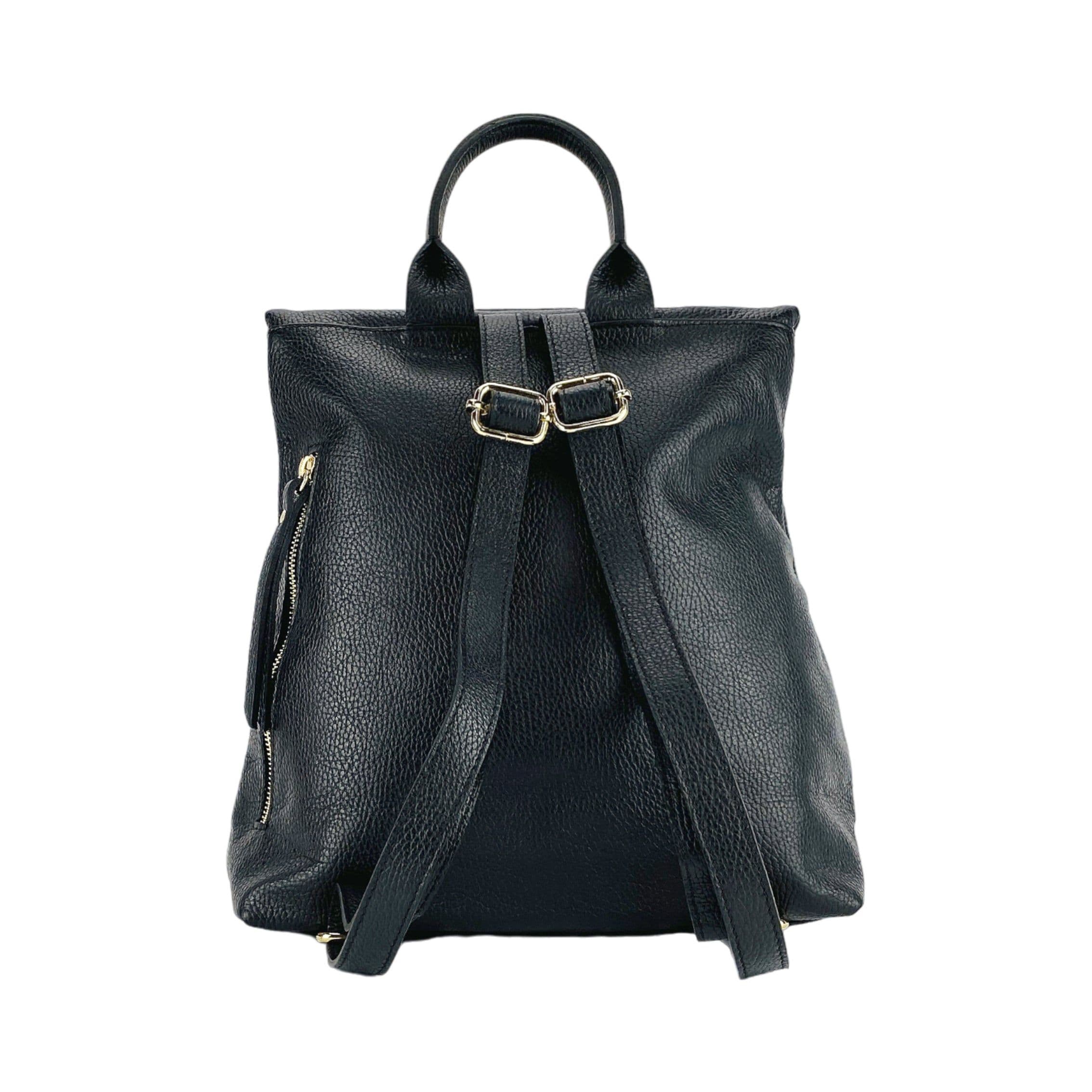 image-RB1021A | Zaino Donna Morbido in Vera Pelle Made in Italy con Spallacci regolabili. Chiusura lampo e Accessori in metallo Oro Lucido - Colore Nero - Dimensioni: cm 30 x 34 x 10,5