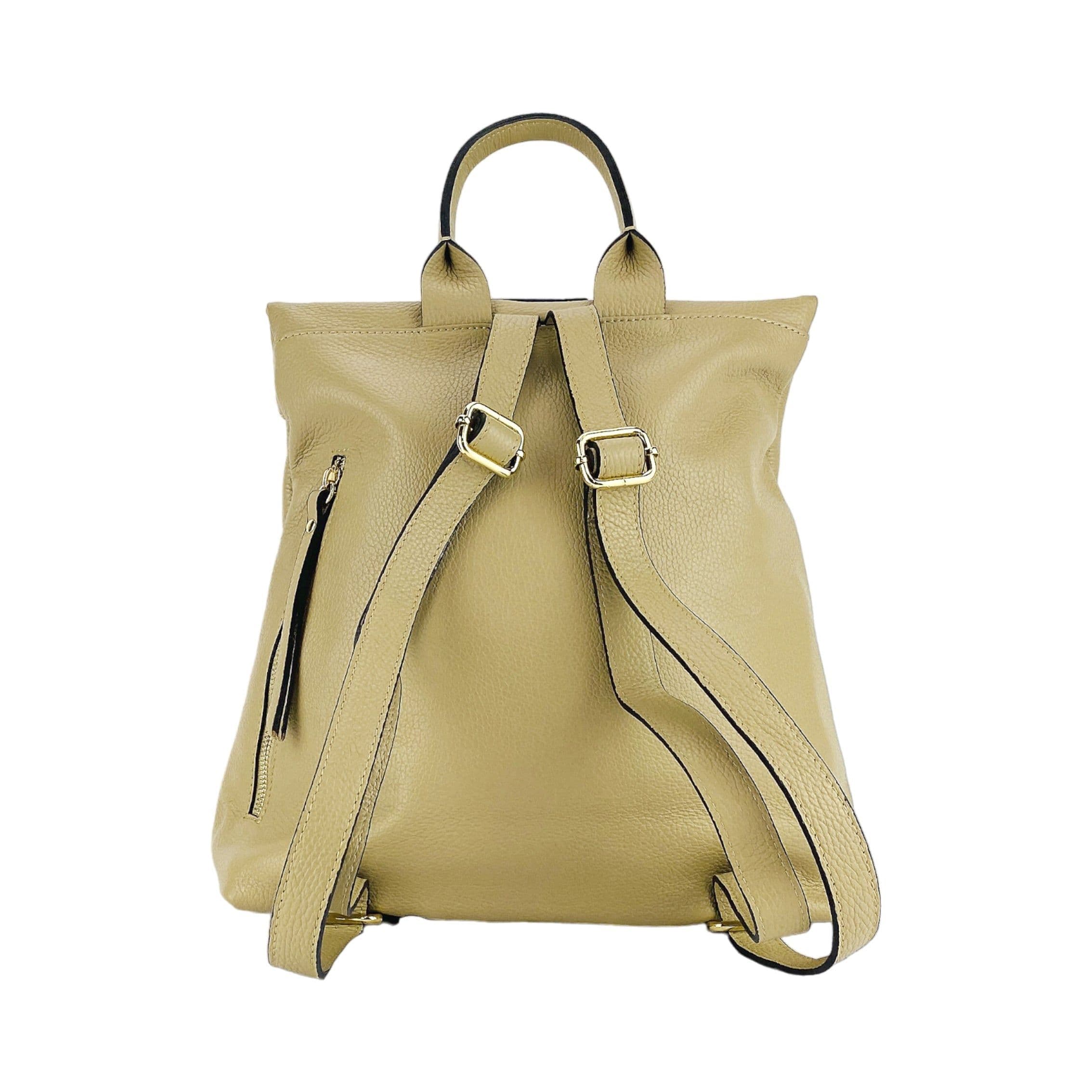 image-RB1021AL | Soft women's backpack in genuine leather Made in Italy with adjustable shoulder straps. Zipper and accessories in shiny gold metal - Beige color - Dimensions: 30 x 34 x 10.5 cm