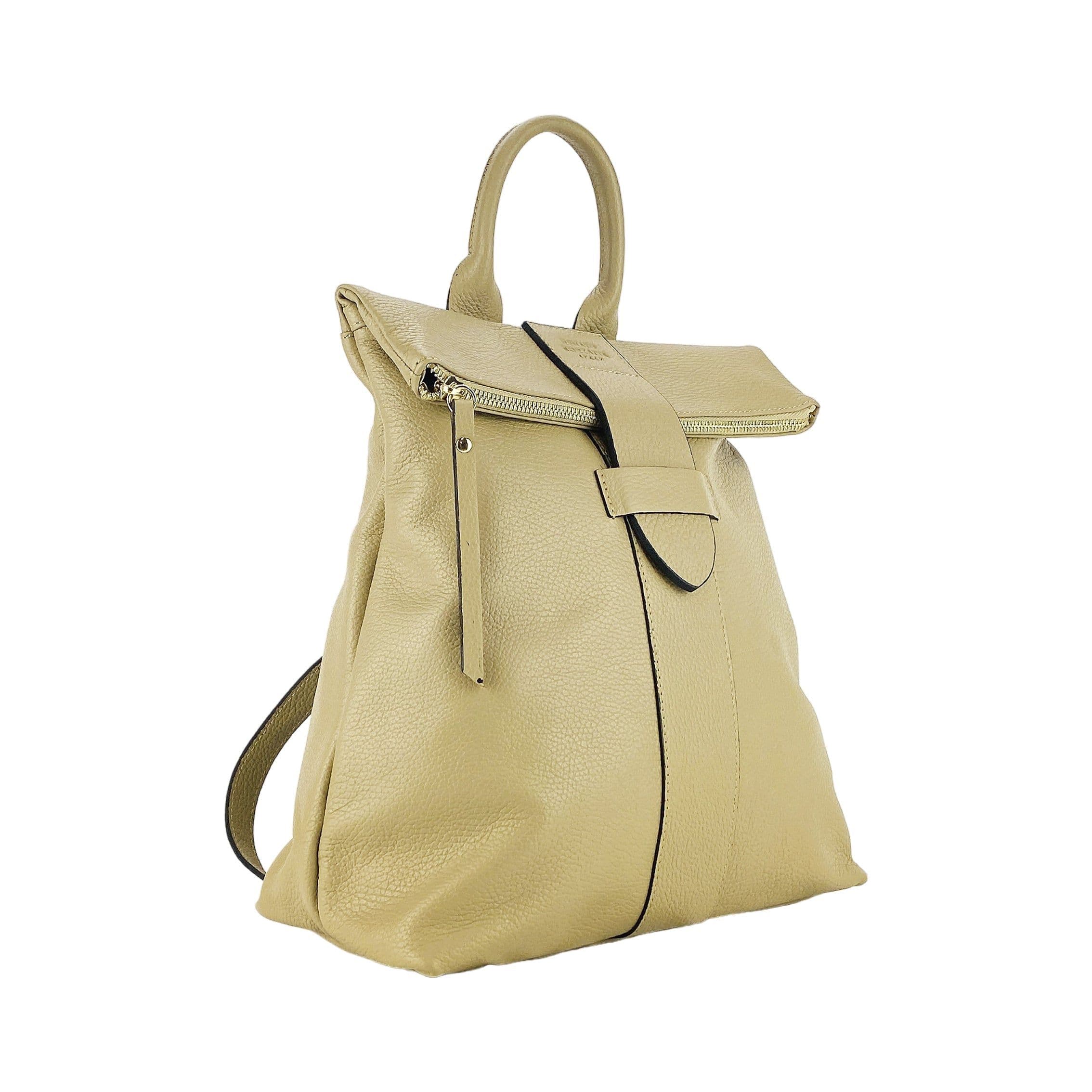image-RB1021AL | Zaino Donna Morbido in Vera Pelle Made in Italy con Spallacci regolabili. Chiusura lampo e Accessori in metallo Oro Lucido - Colore Beige - Dimensioni: cm 30 x 34 x 10,5