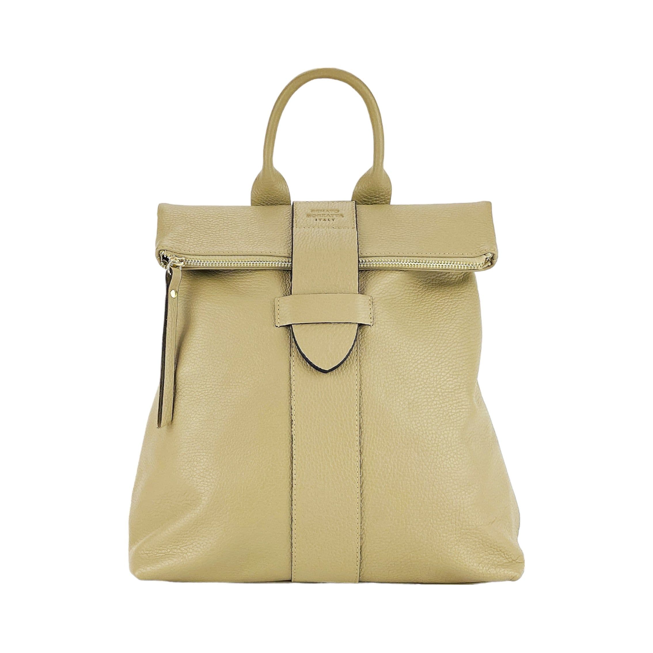image-RB1021AL | Zaino Donna Morbido in Vera Pelle Made in Italy con Spallacci regolabili. Chiusura lampo e Accessori in metallo Oro Lucido - Colore Beige - Dimensioni: cm 30 x 34 x 10,5