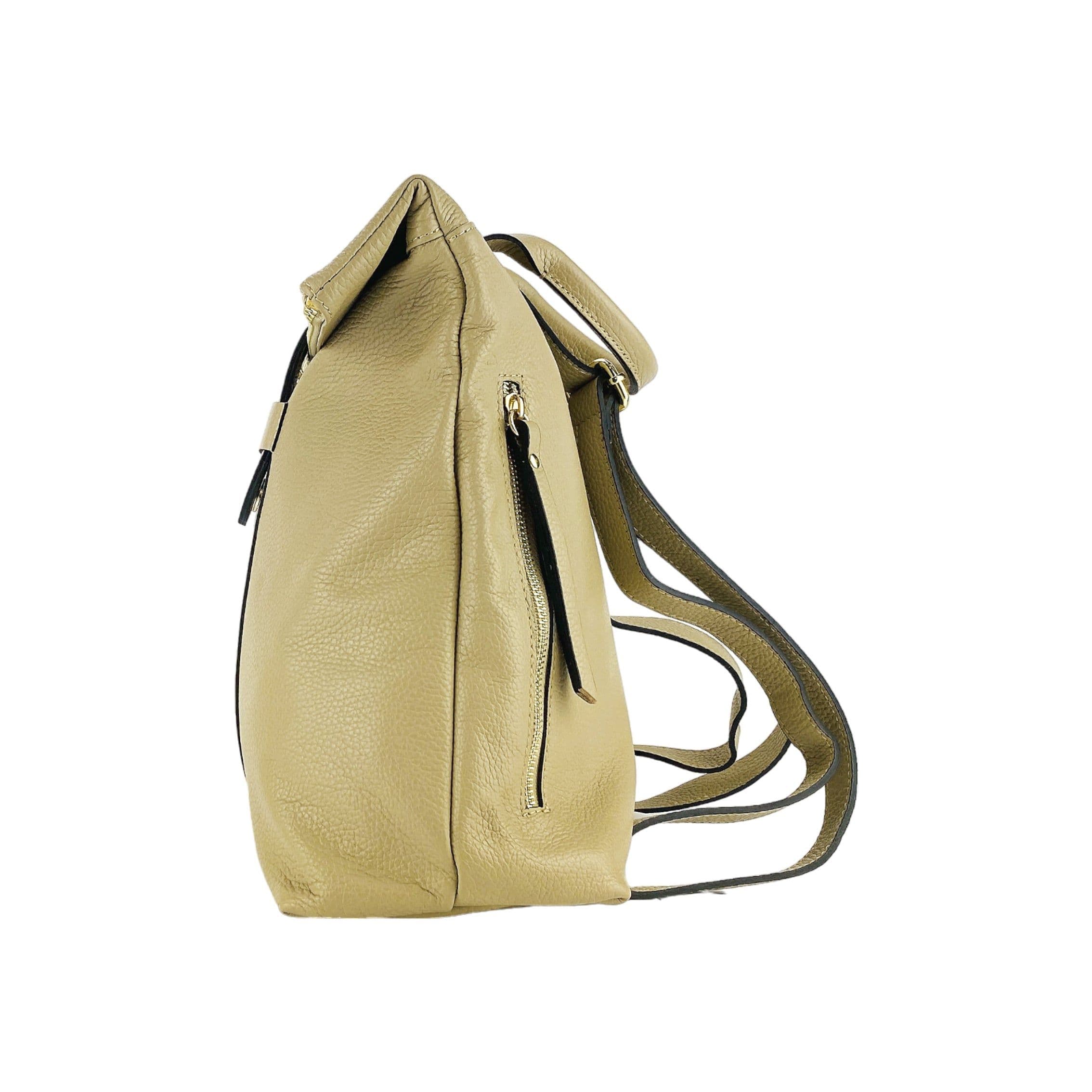 image-RB1021AL | Zaino Donna Morbido in Vera Pelle Made in Italy con Spallacci regolabili. Chiusura lampo e Accessori in metallo Oro Lucido - Colore Beige - Dimensioni: cm 30 x 34 x 10,5
