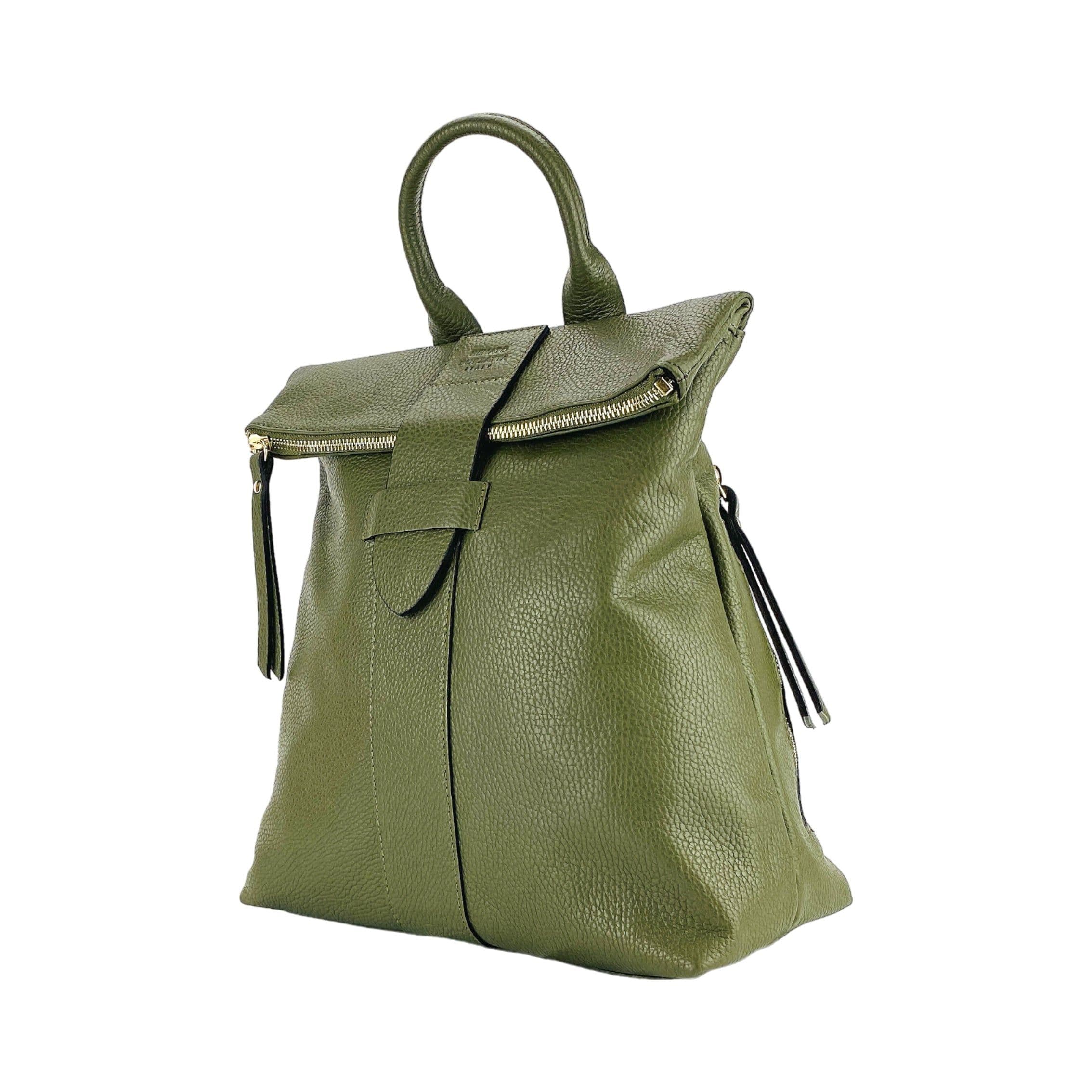image-RB1021E | Zaino Donna Morbido in Vera Pelle Made in Italy con Spallacci regolabili. Chiusura lampo e Accessori in metallo Oro Lucido - Colore Verde - Dimensioni: cm 30 x 34 x 10,5