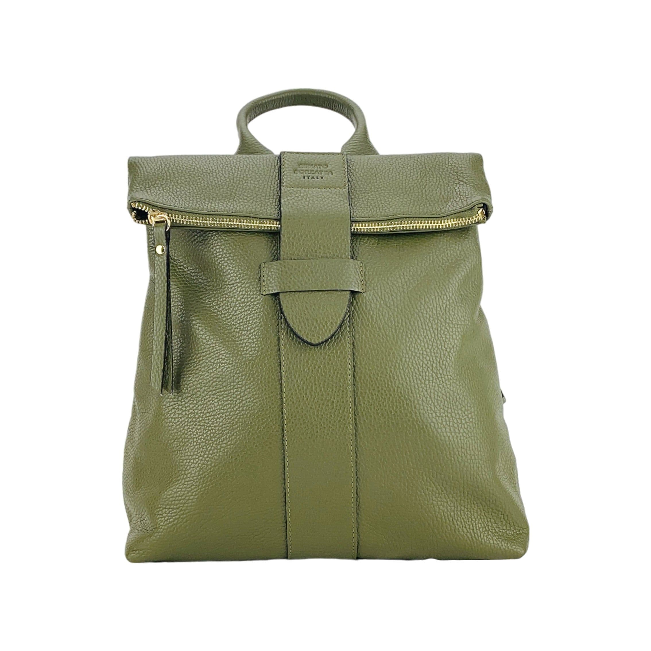 image-RB1021E | Zaino Donna Morbido in Vera Pelle Made in Italy con Spallacci regolabili. Chiusura lampo e Accessori in metallo Oro Lucido - Colore Verde - Dimensioni: cm 30 x 34 x 10,5