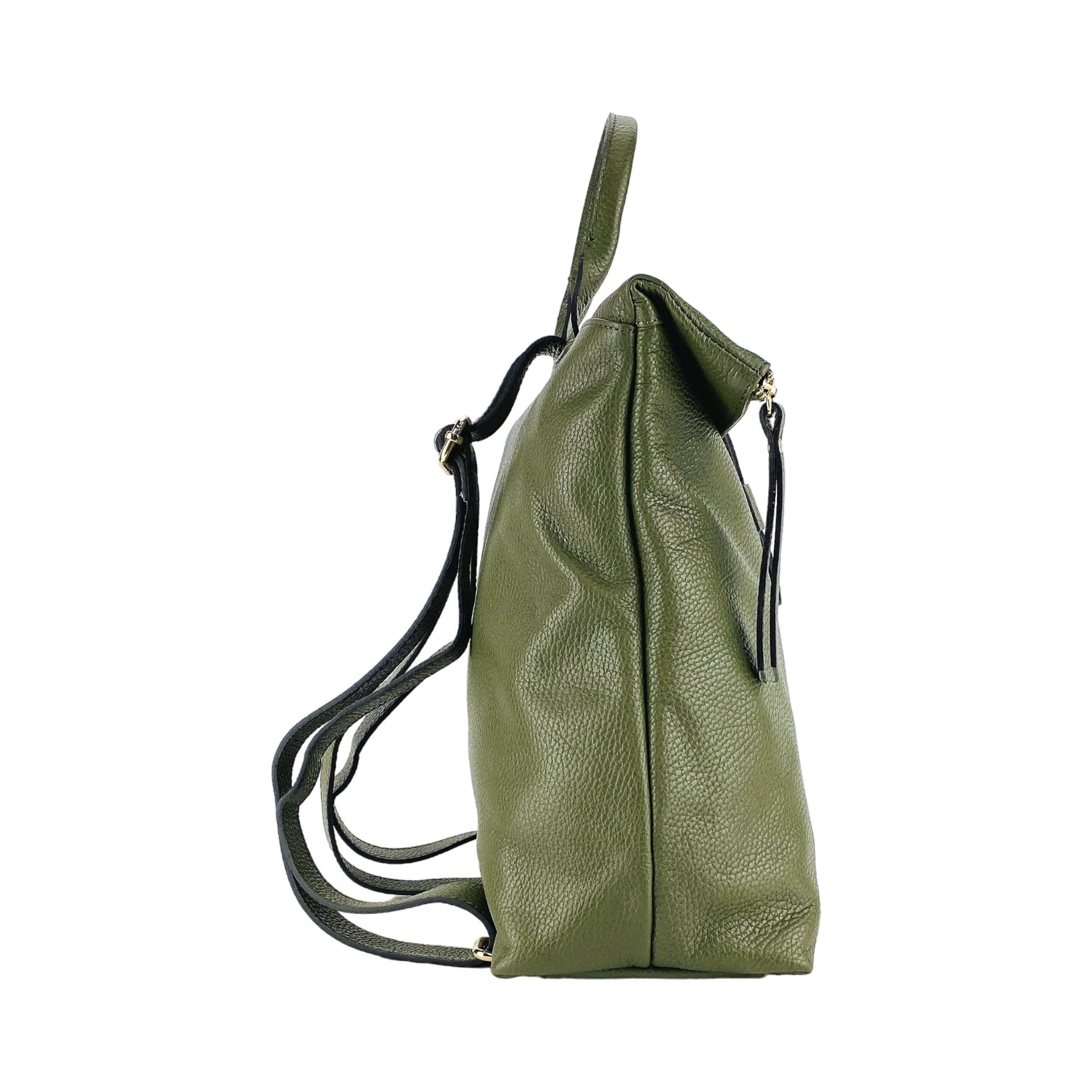 image-RB1021E | Zaino Donna Morbido in Vera Pelle Made in Italy con Spallacci regolabili. Chiusura lampo e Accessori in metallo Oro Lucido - Colore Verde - Dimensioni: cm 30 x 34 x 10,5