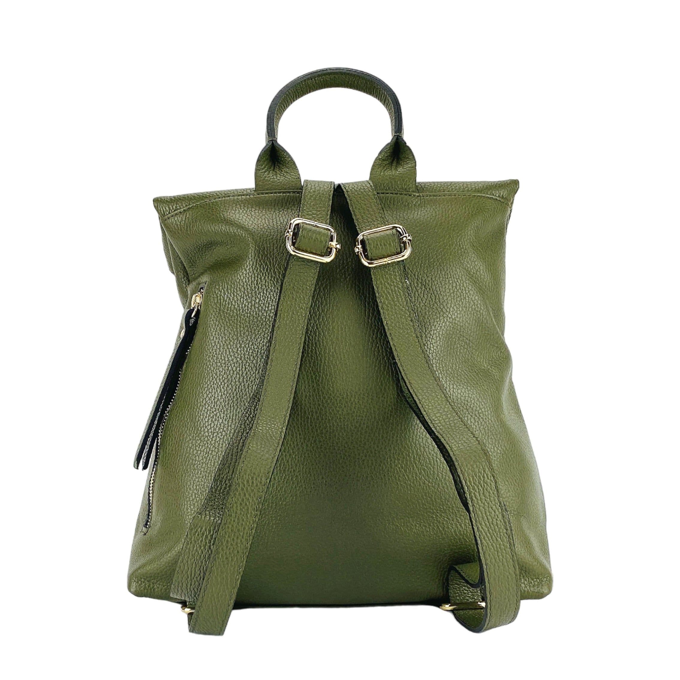 image-RB1021E | Zaino Donna Morbido in Vera Pelle Made in Italy con Spallacci regolabili. Chiusura lampo e Accessori in metallo Oro Lucido - Colore Verde - Dimensioni: cm 30 x 34 x 10,5