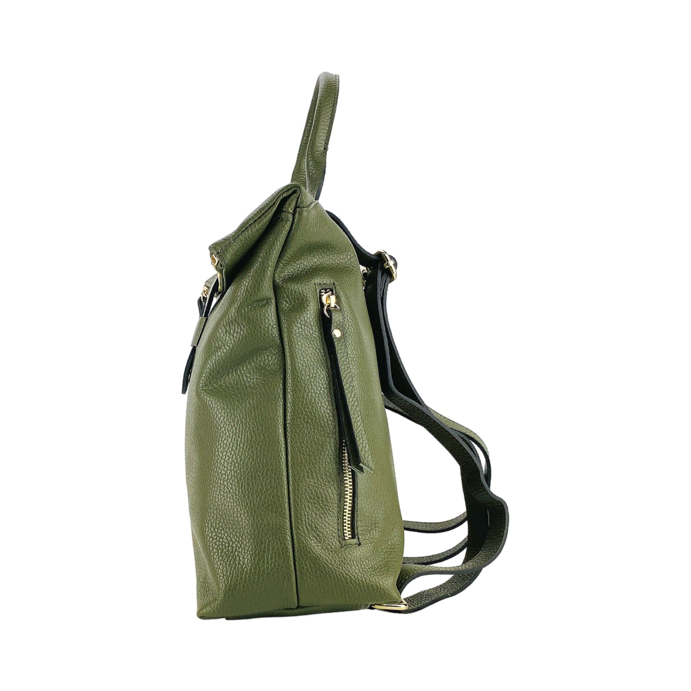 image-RB1021E | Zaino Donna Morbido in Vera Pelle Made in Italy con Spallacci regolabili. Chiusura lampo e Accessori in metallo Oro Lucido - Colore Verde - Dimensioni: cm 30 x 34 x 10,5