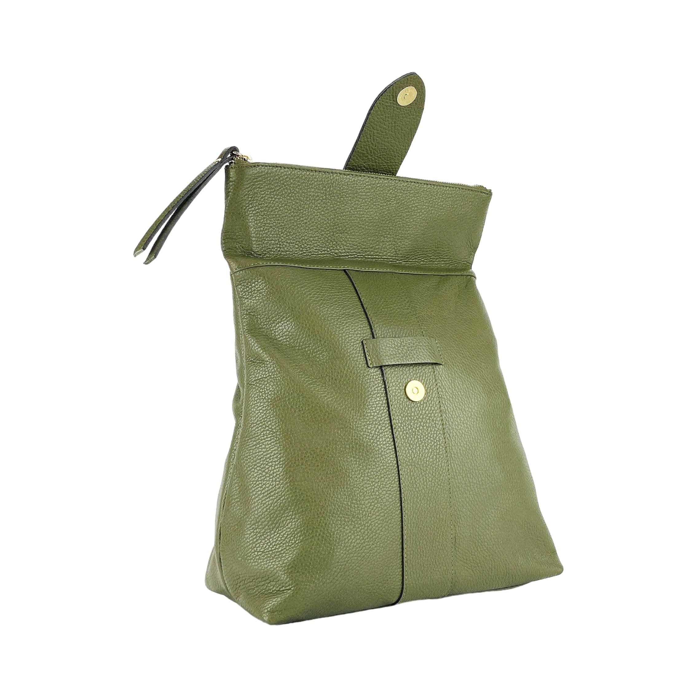 image-RB1021E | Zaino Donna Morbido in Vera Pelle Made in Italy con Spallacci regolabili. Chiusura lampo e Accessori in metallo Oro Lucido - Colore Verde - Dimensioni: cm 30 x 34 x 10,5