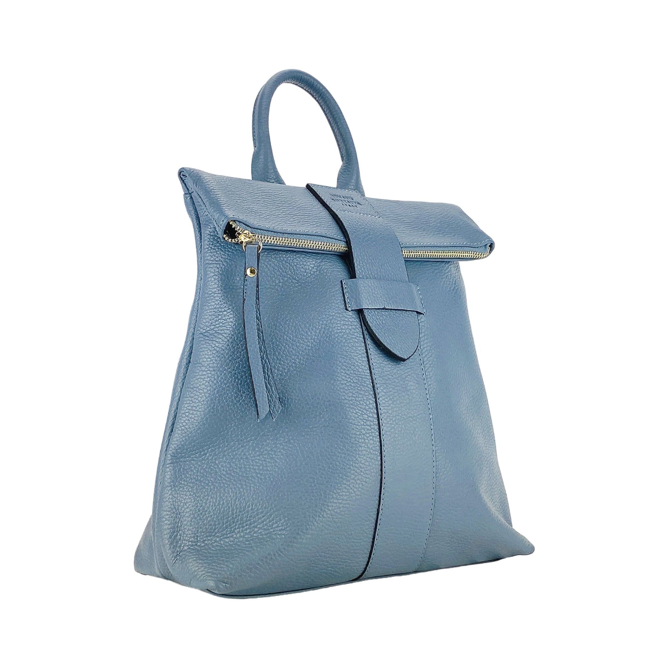image-RB1021P | Soft women's backpack in genuine leather Made in Italy with adjustable shoulder straps. Zipper and accessories in shiny gold metal - Avio color - Dimensions: 30 x 34 x 10.5 cm
