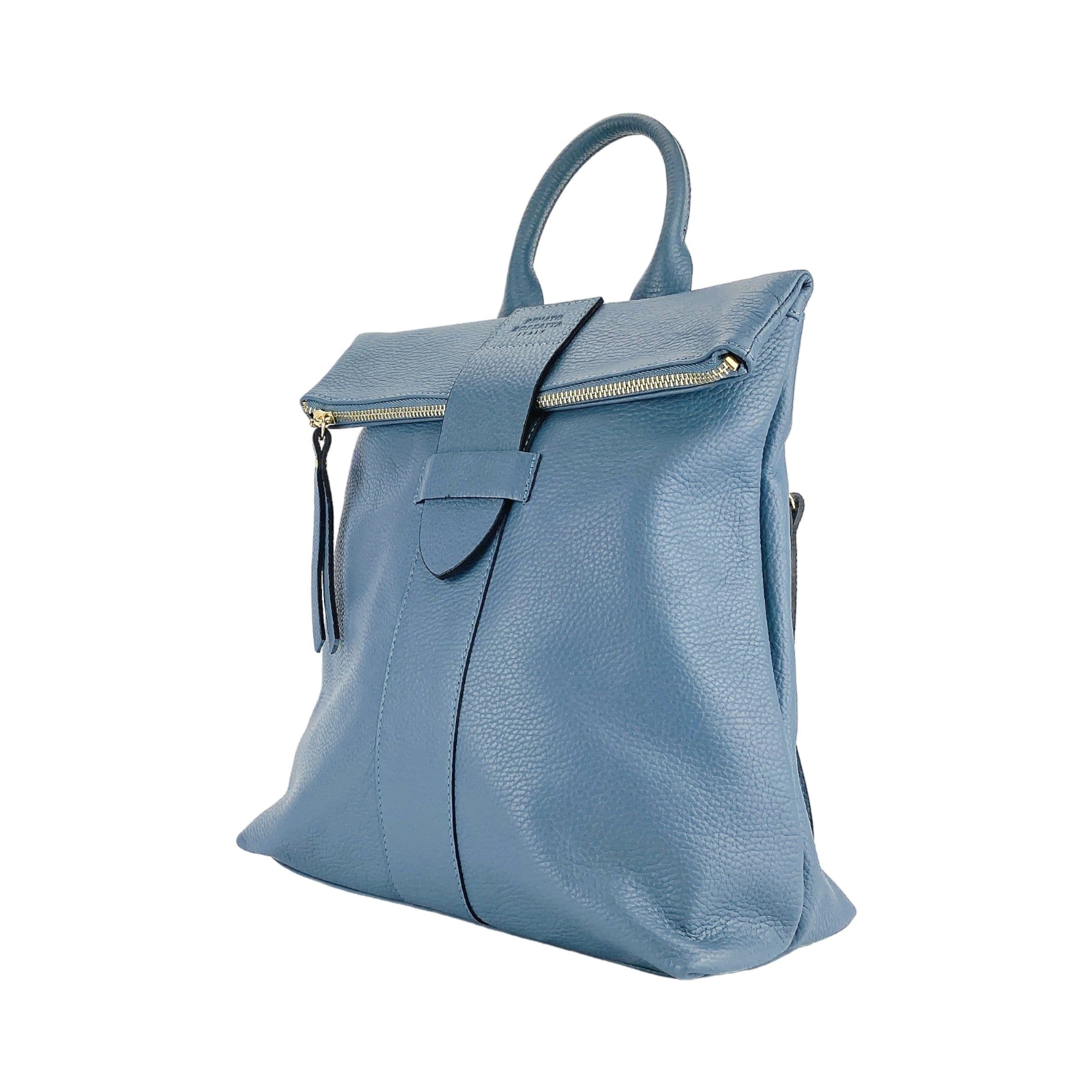 image-RB1021P | Soft women's backpack in genuine leather Made in Italy with adjustable shoulder straps. Zipper and accessories in shiny gold metal - Avio color - Dimensions: 30 x 34 x 10.5 cm