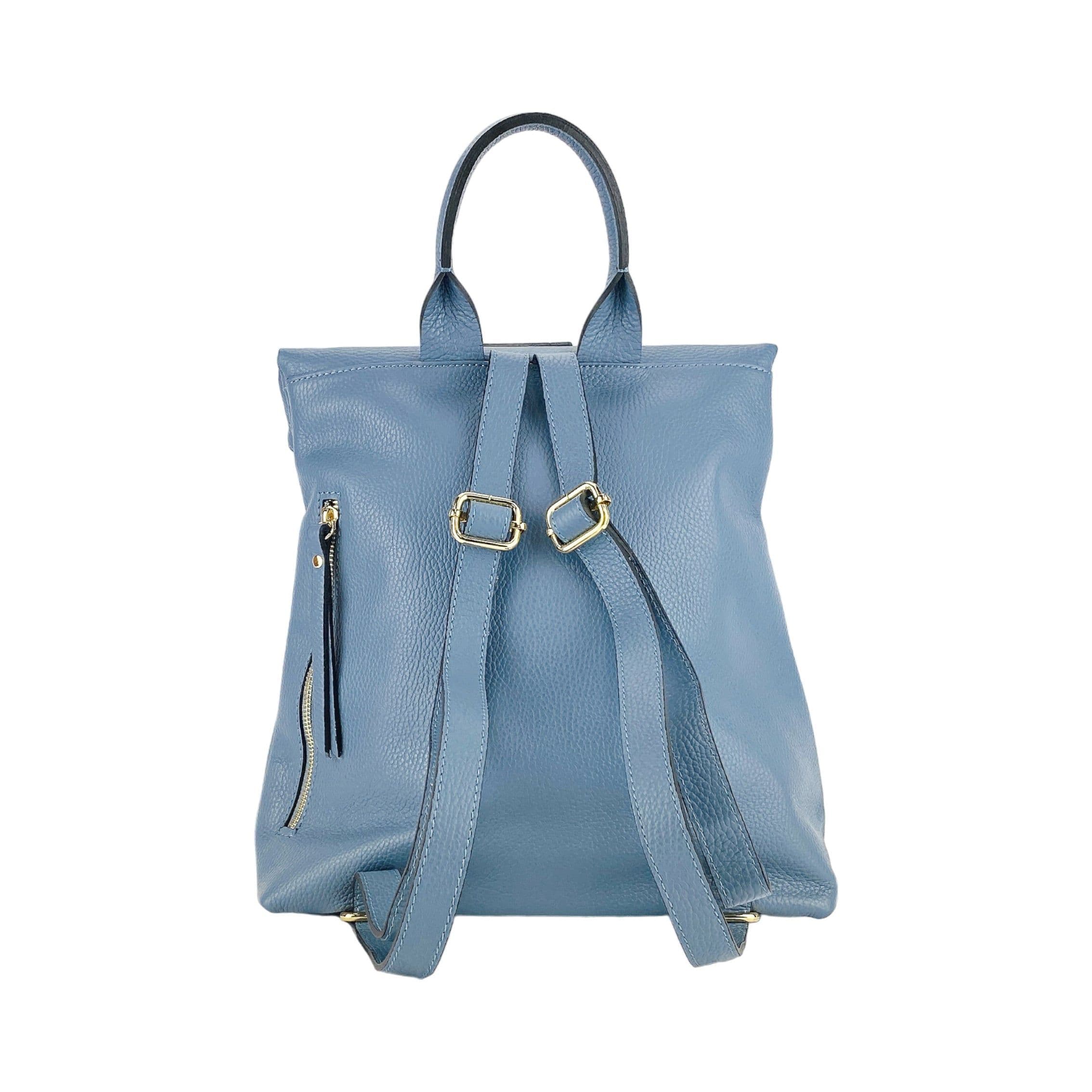 image-RB1021P | Soft women's backpack in genuine leather Made in Italy with adjustable shoulder straps. Zipper and accessories in shiny gold metal - Avio color - Dimensions: 30 x 34 x 10.5 cm