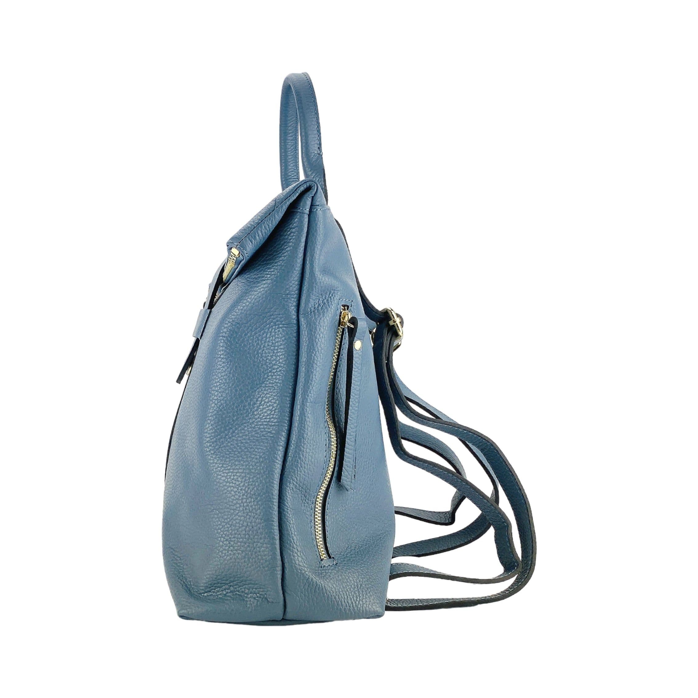 image-RB1021P | Soft women's backpack in genuine leather Made in Italy with adjustable shoulder straps. Zipper and accessories in shiny gold metal - Avio color - Dimensions: 30 x 34 x 10.5 cm