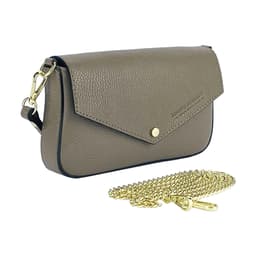 image-RB1023AQ | Small Shoulder Bag with Removable Chain Shoulder Strap in Genuine Leather Made in Italy. Closing flap. Polished Gold metal accessories - Taupe color - Dimensions: 22 x 12 x 3 cm