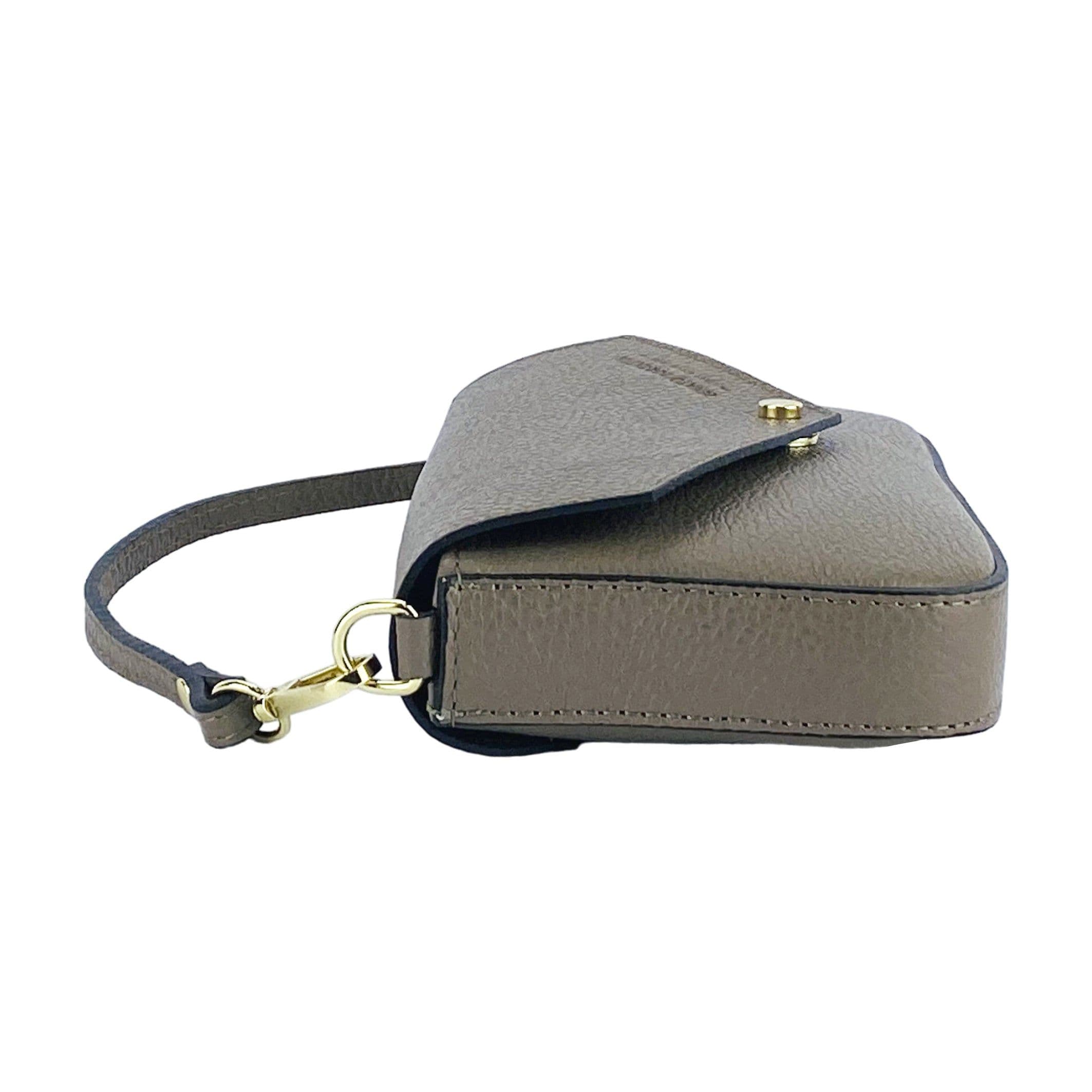image-RB1023AQ | Small Shoulder Bag with Removable Chain Shoulder Strap in Genuine Leather Made in Italy. Closing flap. Polished Gold metal accessories - Taupe color - Dimensions: 22 x 12 x 3 cm