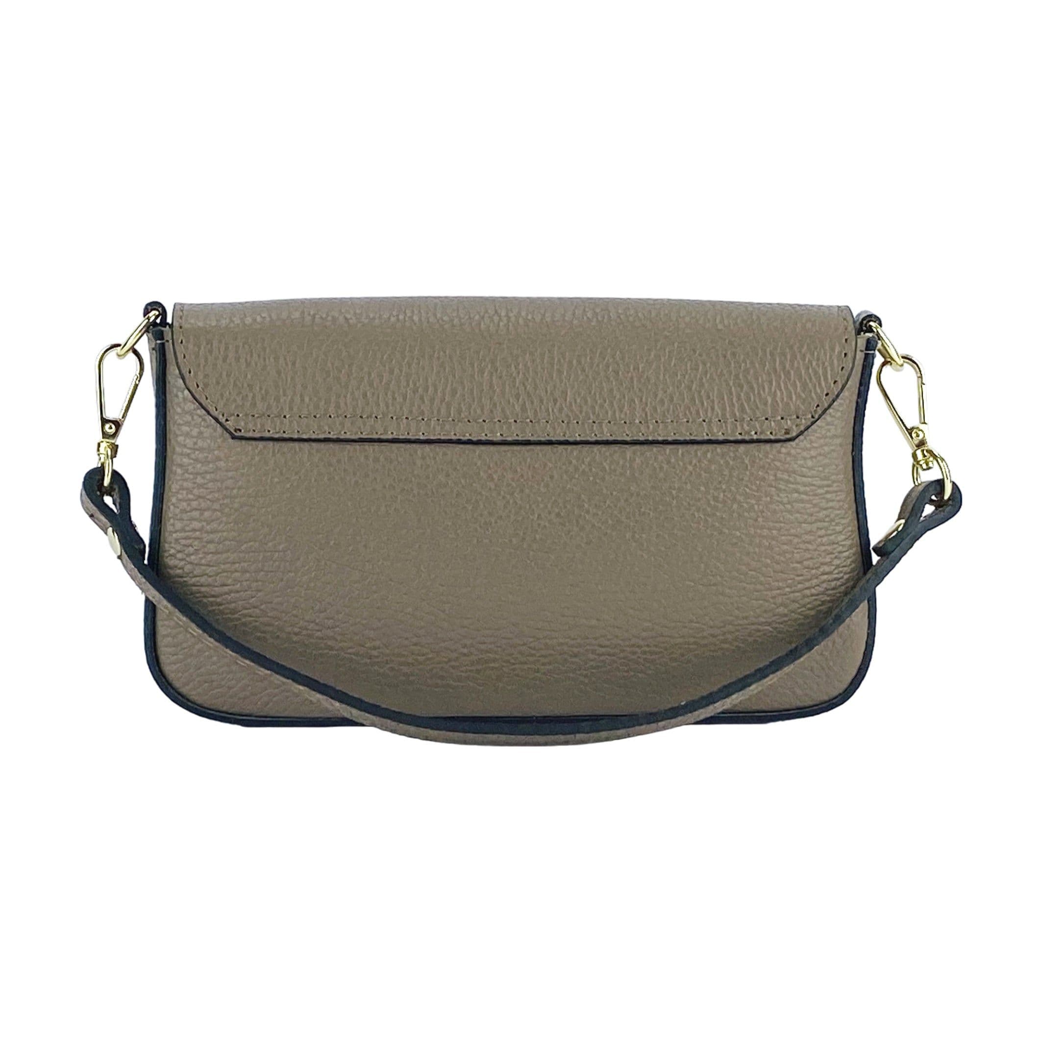 image-RB1023AQ | Small Shoulder Bag with Removable Chain Shoulder Strap in Genuine Leather Made in Italy. Closing flap. Polished Gold metal accessories - Taupe color - Dimensions: 22 x 12 x 3 cm