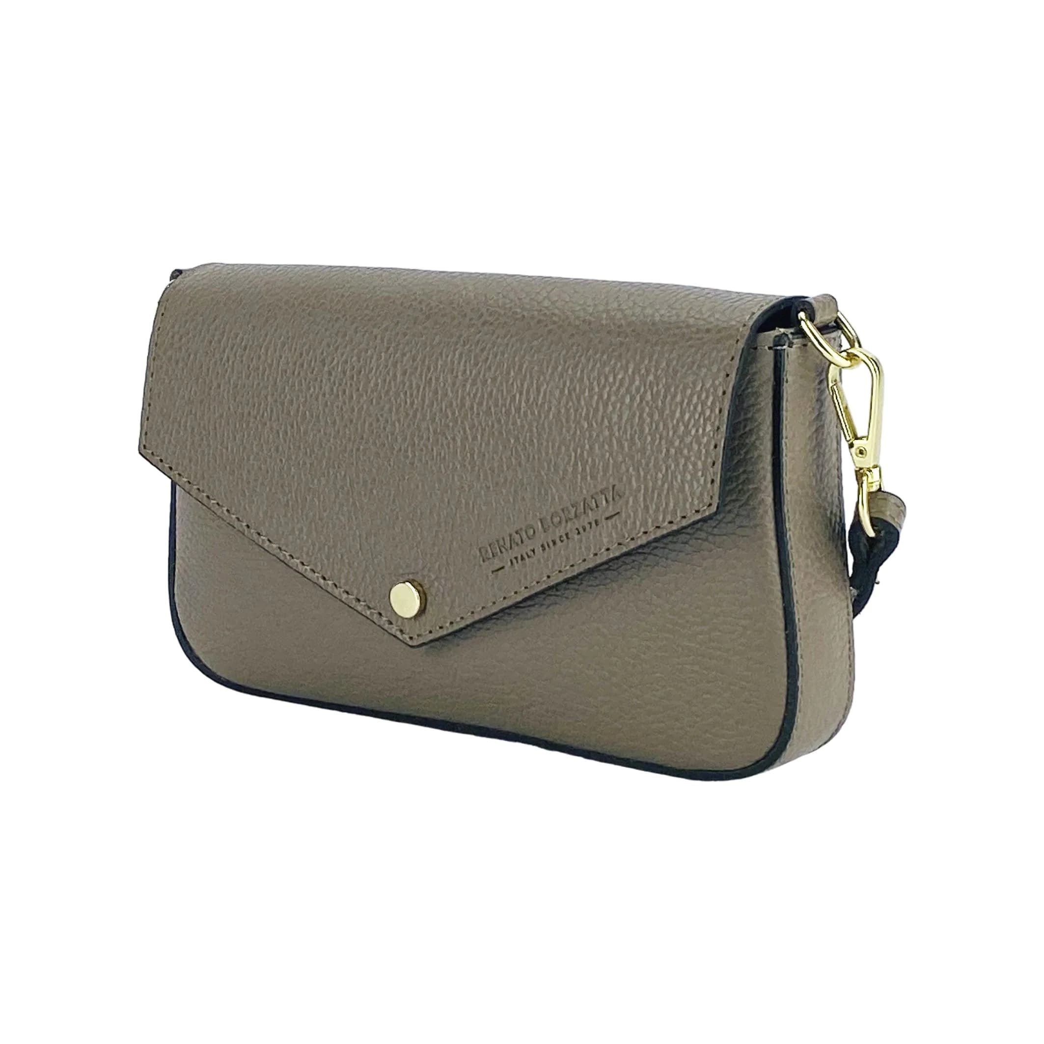 image-RB1023AQ | Borsa piccola a Spalla con Tracolla a catena removibile in Vera Pelle Made in Italy. Pattina di Chiusura. Accessori in metallo Oro Lucido - Colore Taupe - Dimensioni: cm 22 x 12 x 3