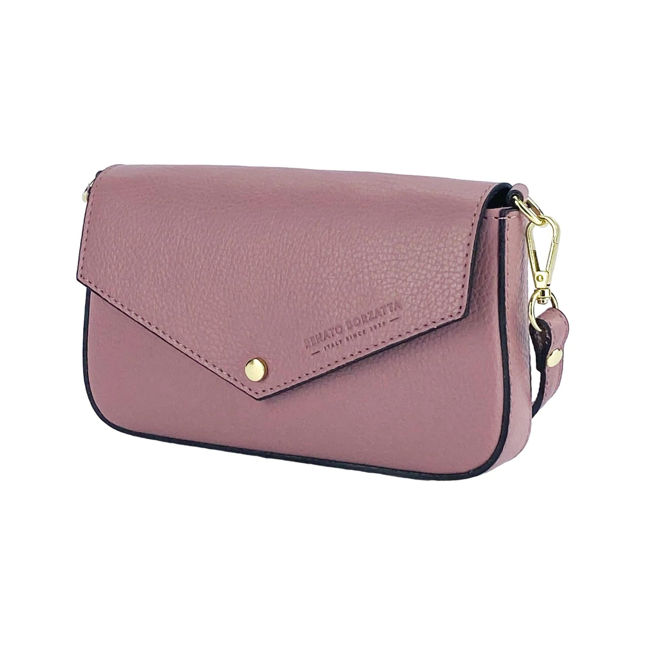 image-RB1023AZ | Small Shoulder Bag with Removable Chain Shoulder Strap in Genuine Leather Made in Italy. Closing flap. Shiny Gold metal accessories - Antique Pink color - Dimensions: 22 x 12 x 3 cm