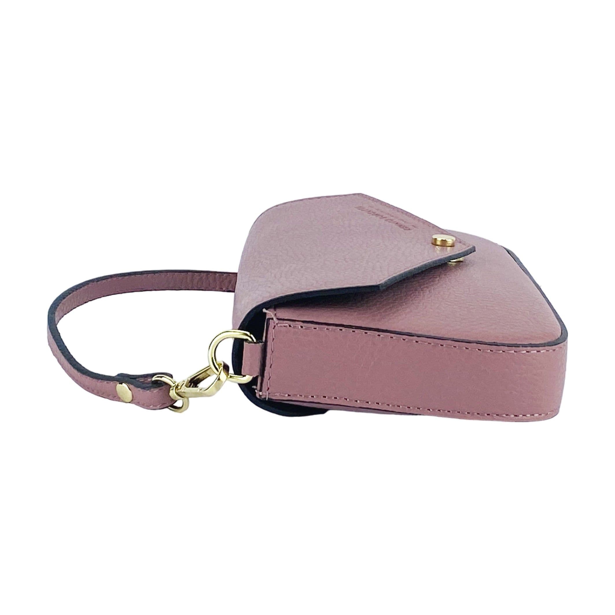 image-RB1023AZ | Small Shoulder Bag with Removable Chain Shoulder Strap in Genuine Leather Made in Italy. Closing flap. Shiny Gold metal accessories - Antique Pink color - Dimensions: 22 x 12 x 3 cm
