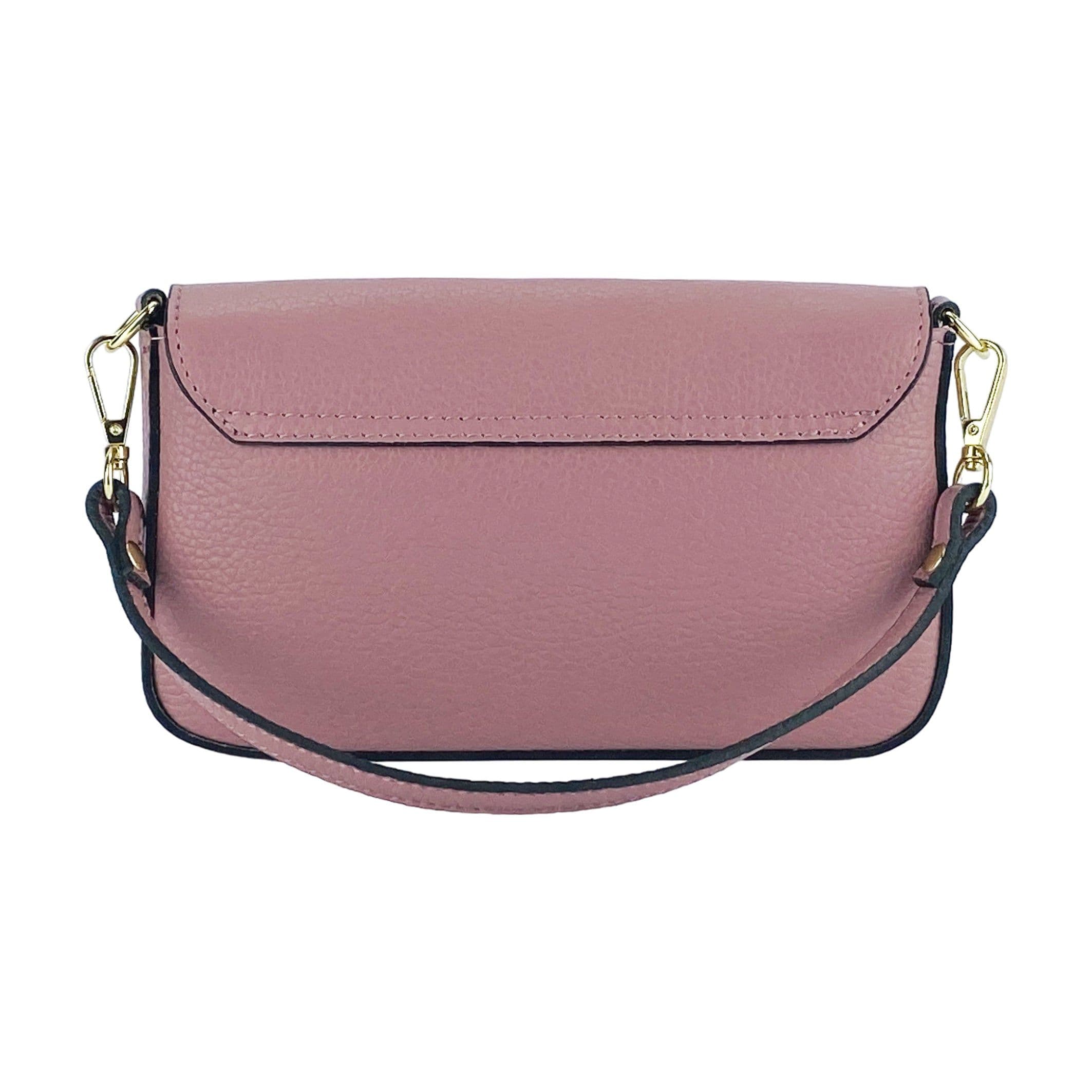 image-RB1023AZ | Small Shoulder Bag with Removable Chain Shoulder Strap in Genuine Leather Made in Italy. Closing flap. Shiny Gold metal accessories - Antique Pink color - Dimensions: 22 x 12 x 3 cm