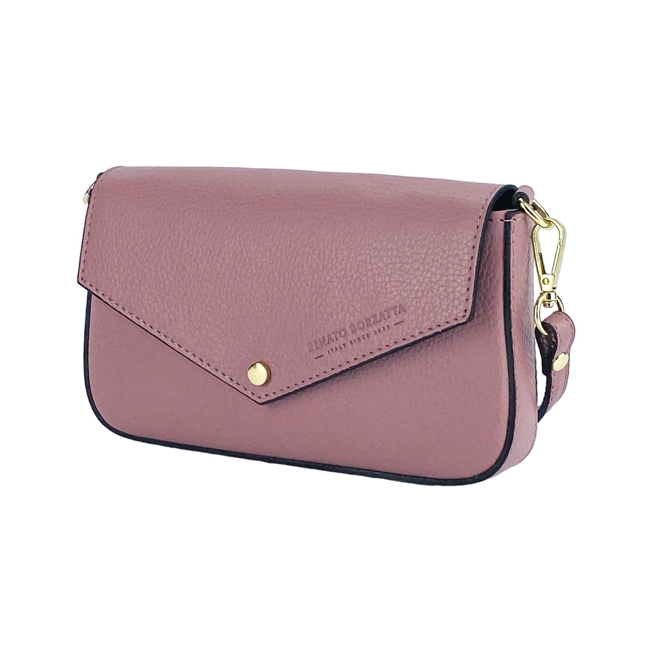 image-RB1023AZ | Borsa piccola a Spalla con Tracolla a catena removibile in Vera Pelle Made in Italy. Pattina di Chiusura. Accessori in metallo Oro Lucido - Colore Rosa Antico - Dimensioni: cm 22 x 12 x 3