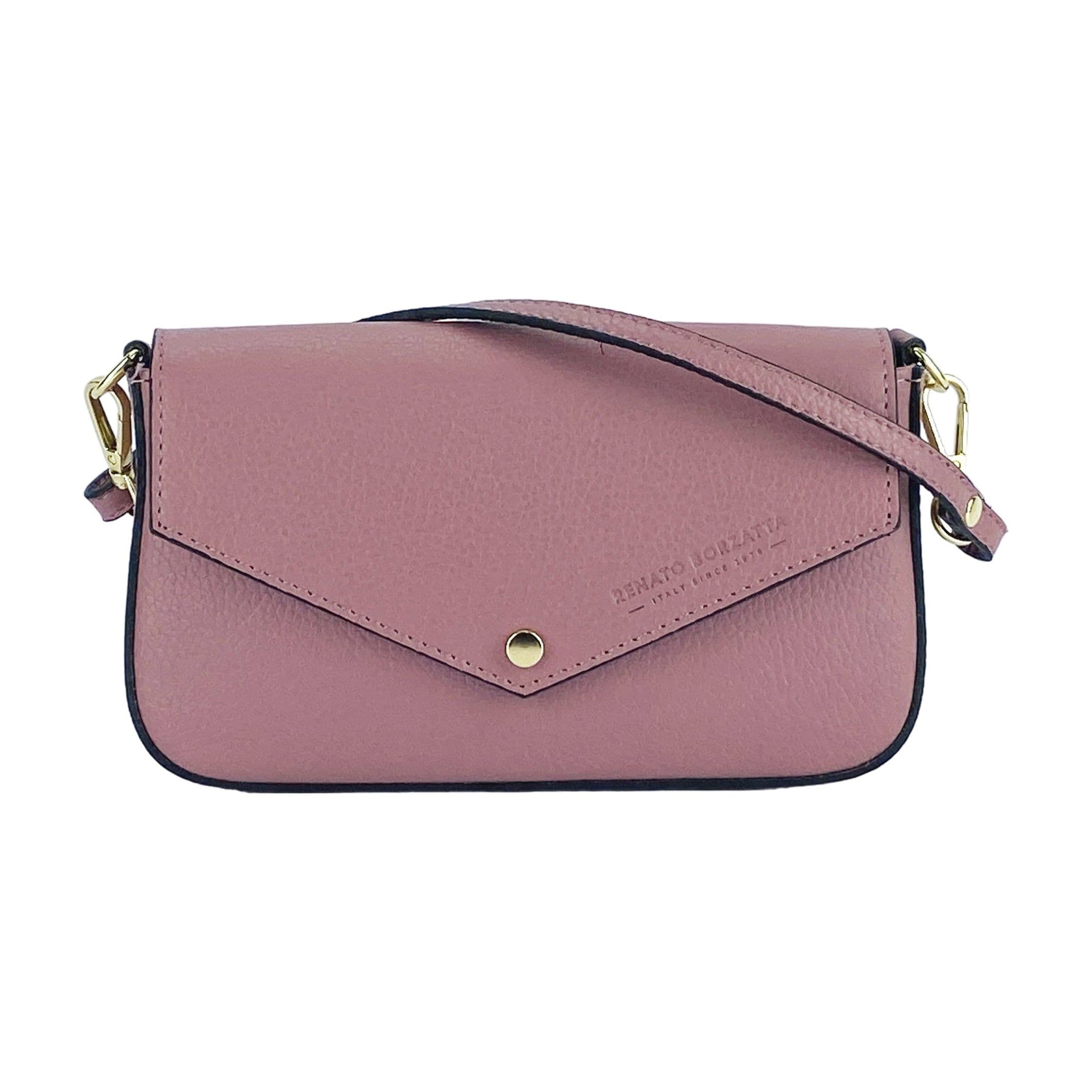 image-RB1023AZ | Borsa piccola a Spalla con Tracolla a catena removibile in Vera Pelle Made in Italy. Pattina di Chiusura. Accessori in metallo Oro Lucido - Colore Rosa Antico - Dimensioni: cm 22 x 12 x 3