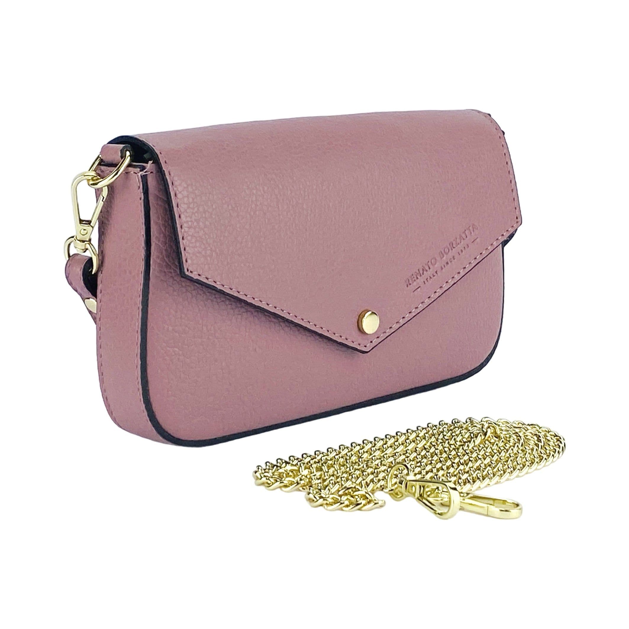 image-RB1023AZ | Borsa piccola a Spalla con Tracolla a catena removibile in Vera Pelle Made in Italy. Pattina di Chiusura. Accessori in metallo Oro Lucido - Colore Rosa Antico - Dimensioni: cm 22 x 12 x 3