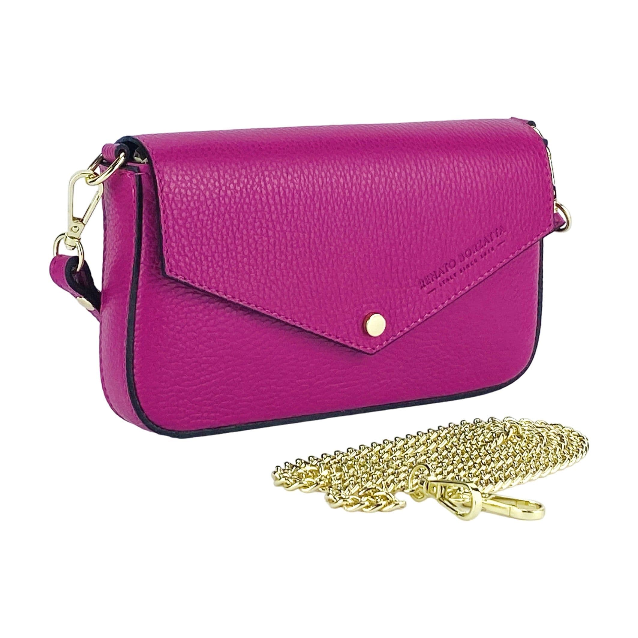 image-RB1023BE | Small Shoulder Bag with Removable Chain Shoulder Strap in Genuine Leather Made in Italy. Closing flap. Shiny Gold metal accessories - Fuxia color - Dimensions: 22 x 12 x 3 cm