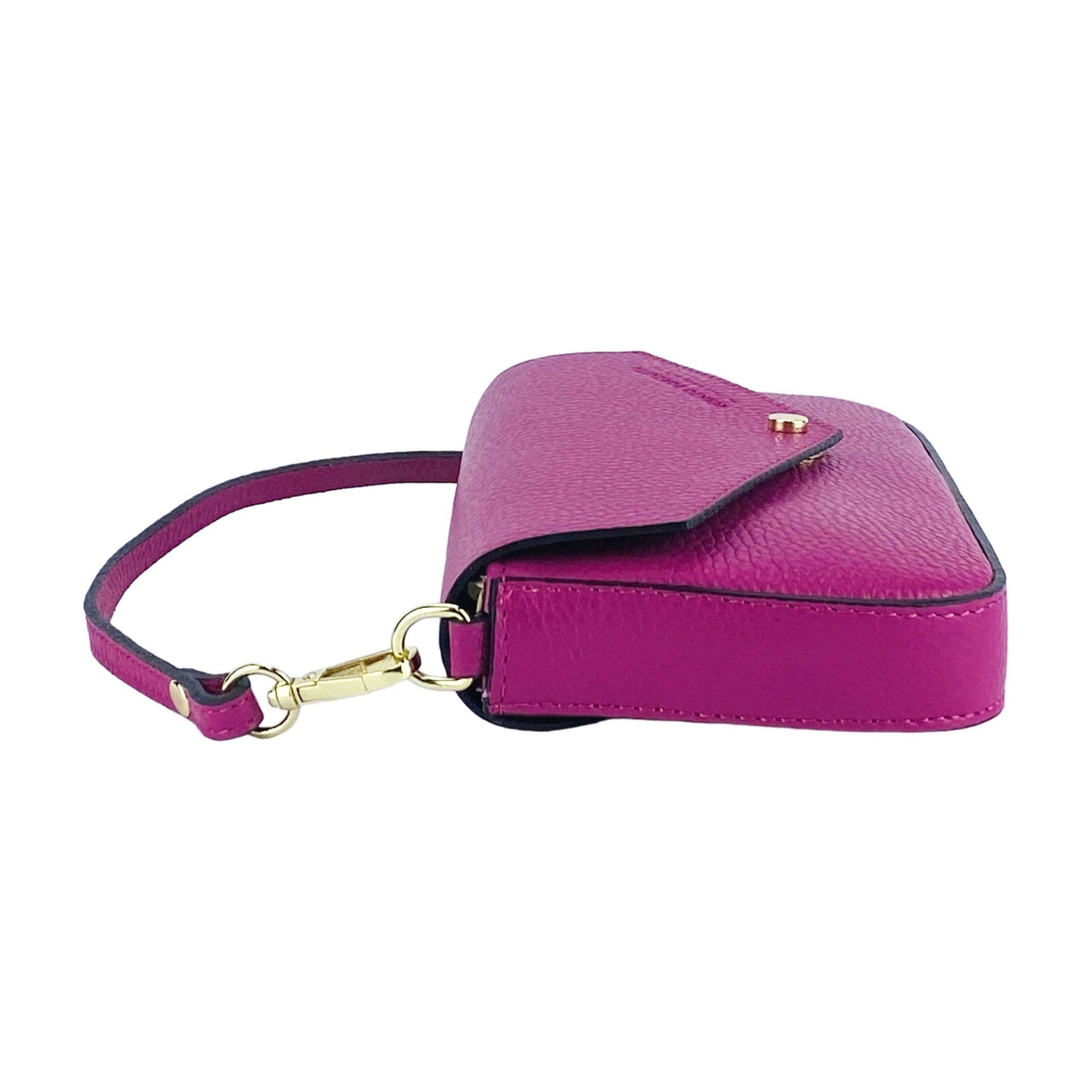 image-RB1023BE | Small Shoulder Bag with Removable Chain Shoulder Strap in Genuine Leather Made in Italy. Closing flap. Shiny Gold metal accessories - Fuxia color - Dimensions: 22 x 12 x 3 cm