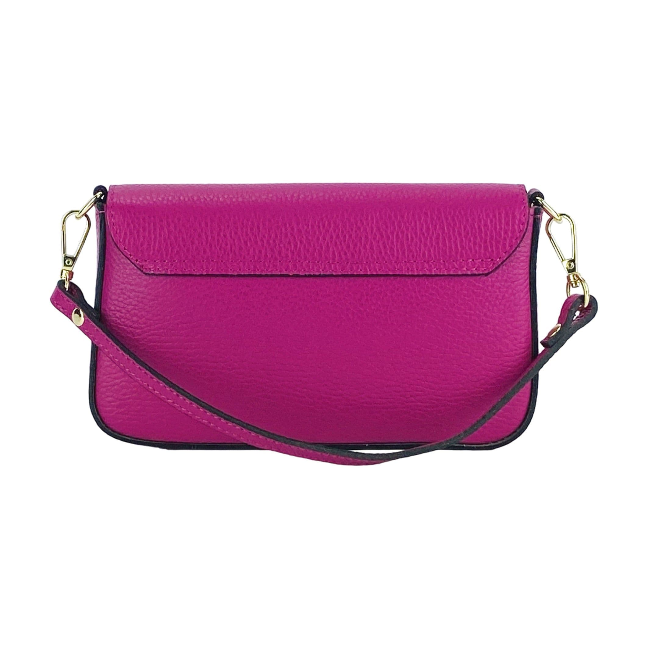 image-RB1023BE | Small Shoulder Bag with Removable Chain Shoulder Strap in Genuine Leather Made in Italy. Closing flap. Shiny Gold metal accessories - Fuxia color - Dimensions: 22 x 12 x 3 cm