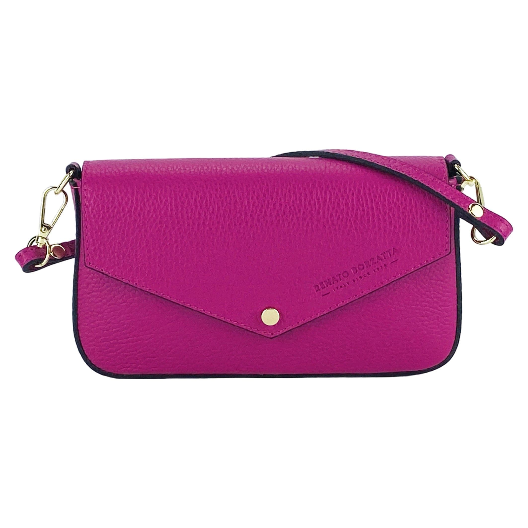 image-RB1023BE | Borsa piccola a Spalla con Tracolla a catena removibile in Vera Pelle Made in Italy. Pattina di Chiusura. Accessori in metallo Oro Lucido - Colore Fuxia - Dimensioni: cm 22 x 12 x 3