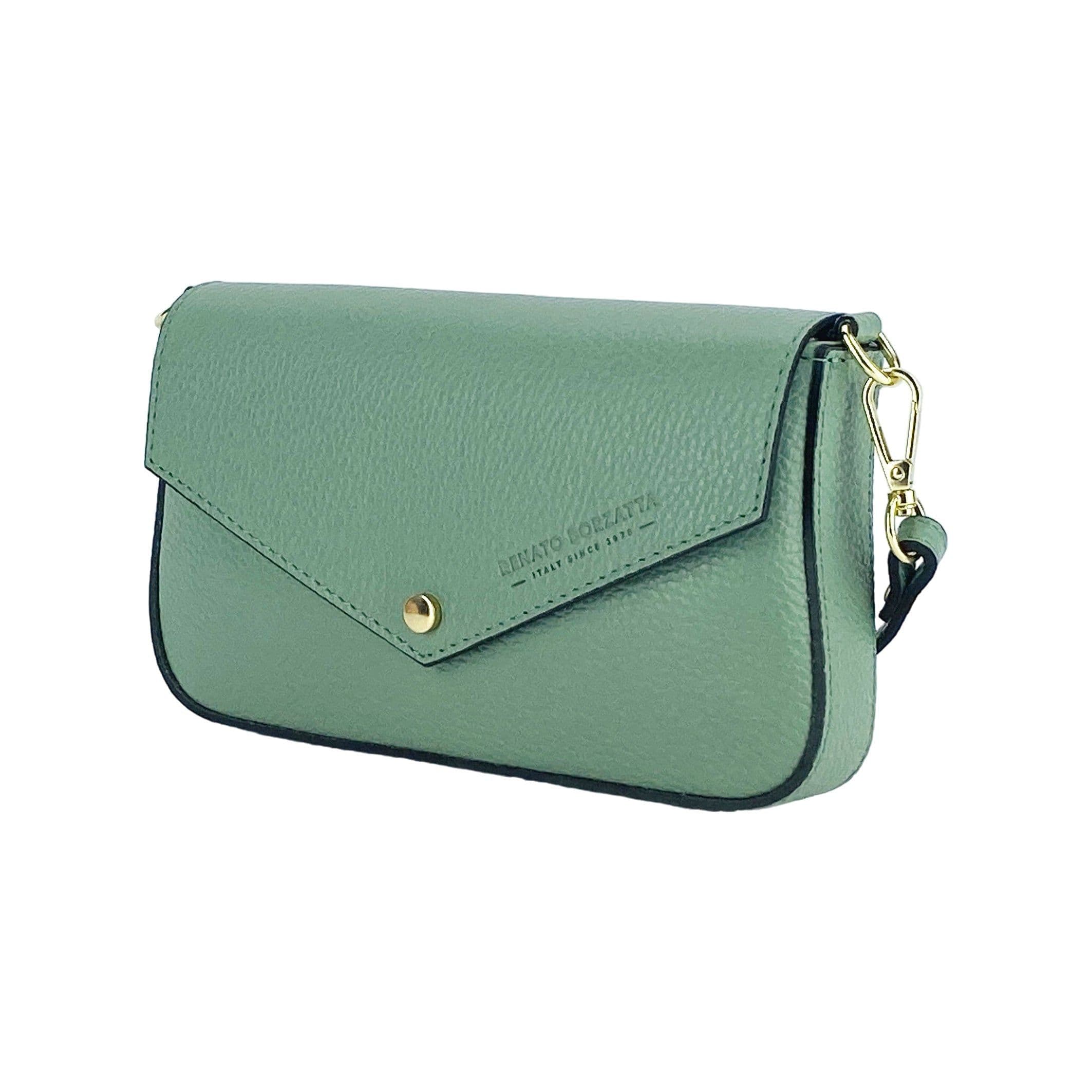 image-RB1023BF | Borsa piccola a Spalla con Tracolla a catena removibile in Vera Pelle Made in Italy. Pattina di Chiusura. Accessori in metallo Oro Lucido - Colore Menta - Dimensioni: cm 22 x 12 x 3