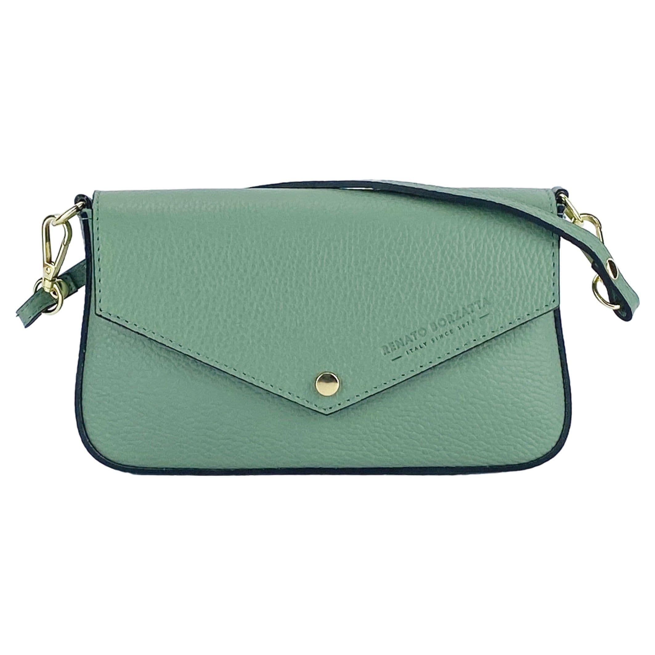 image-RB1023BF | Borsa piccola a Spalla con Tracolla a catena removibile in Vera Pelle Made in Italy. Pattina di Chiusura. Accessori in metallo Oro Lucido - Colore Menta - Dimensioni: cm 22 x 12 x 3