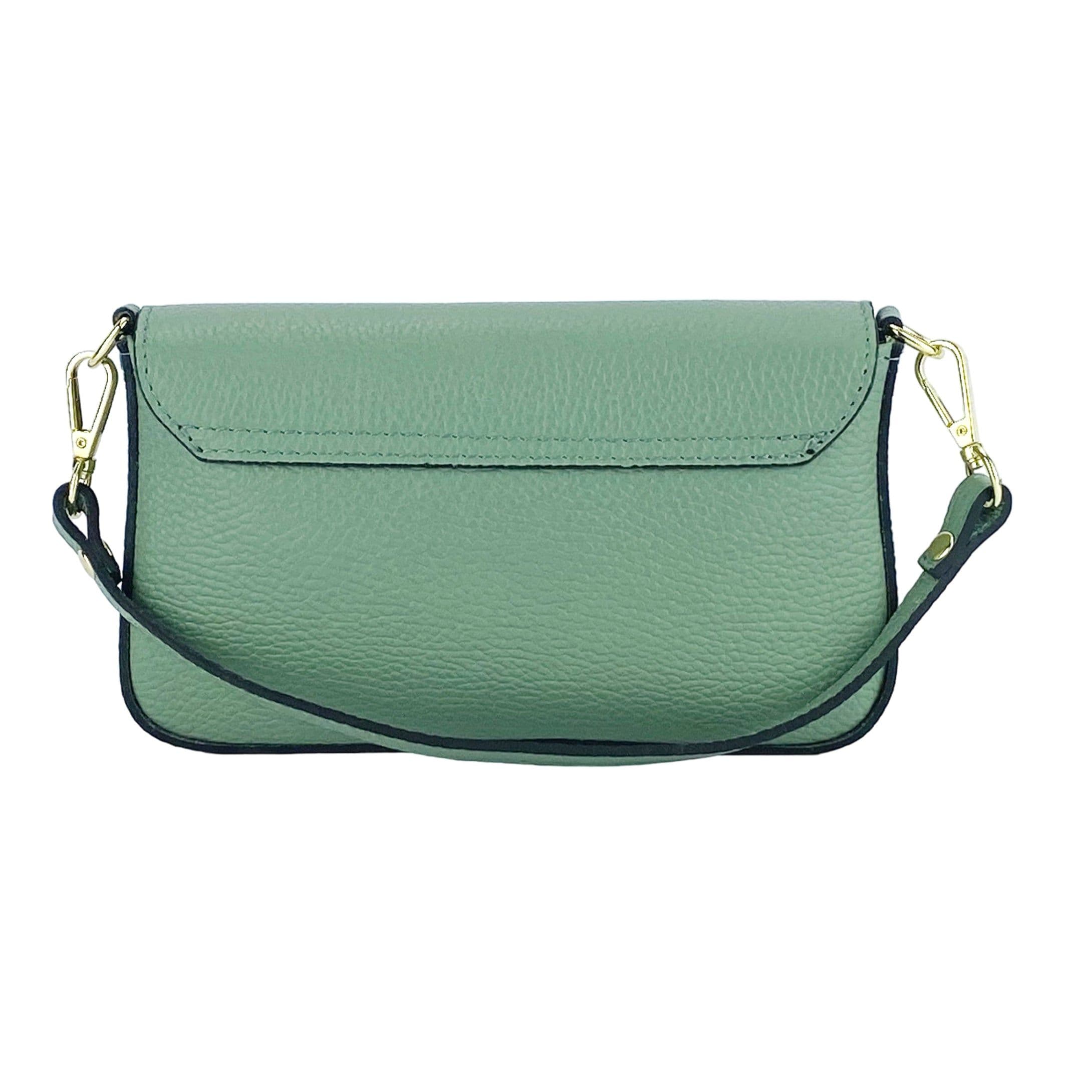 image-RB1023BF | Borsa piccola a Spalla con Tracolla a catena removibile in Vera Pelle Made in Italy. Pattina di Chiusura. Accessori in metallo Oro Lucido - Colore Menta - Dimensioni: cm 22 x 12 x 3