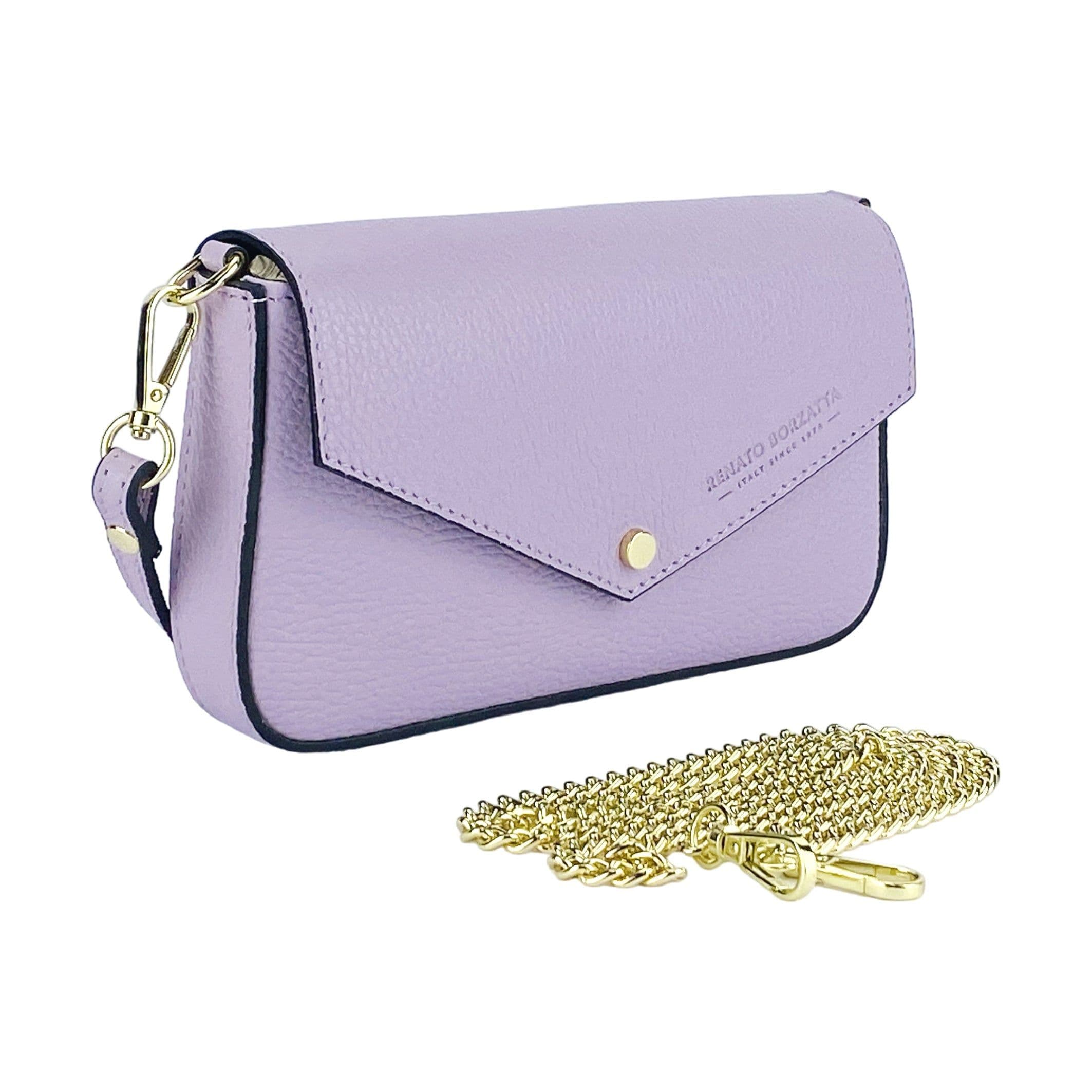 image-RB1023CI | Small Shoulder Bag with Removable Chain Shoulder Strap in Genuine Leather Made in Italy. Closing flap. Shiny Gold metal accessories - Lilac color - Dimensions: 22 x 12 x 3 cm