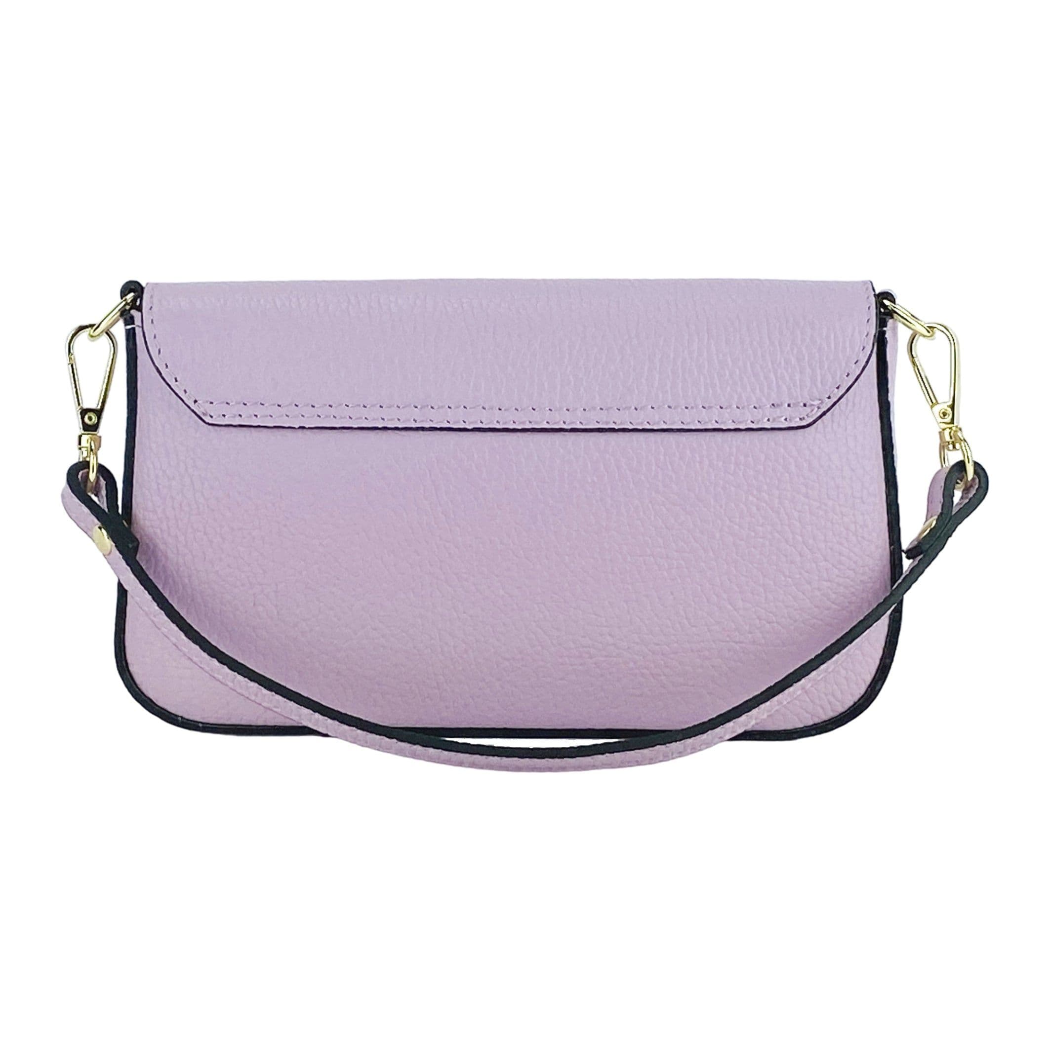 image-RB1023CI | Small Shoulder Bag with Removable Chain Shoulder Strap in Genuine Leather Made in Italy. Closing flap. Shiny Gold metal accessories - Lilac color - Dimensions: 22 x 12 x 3 cm