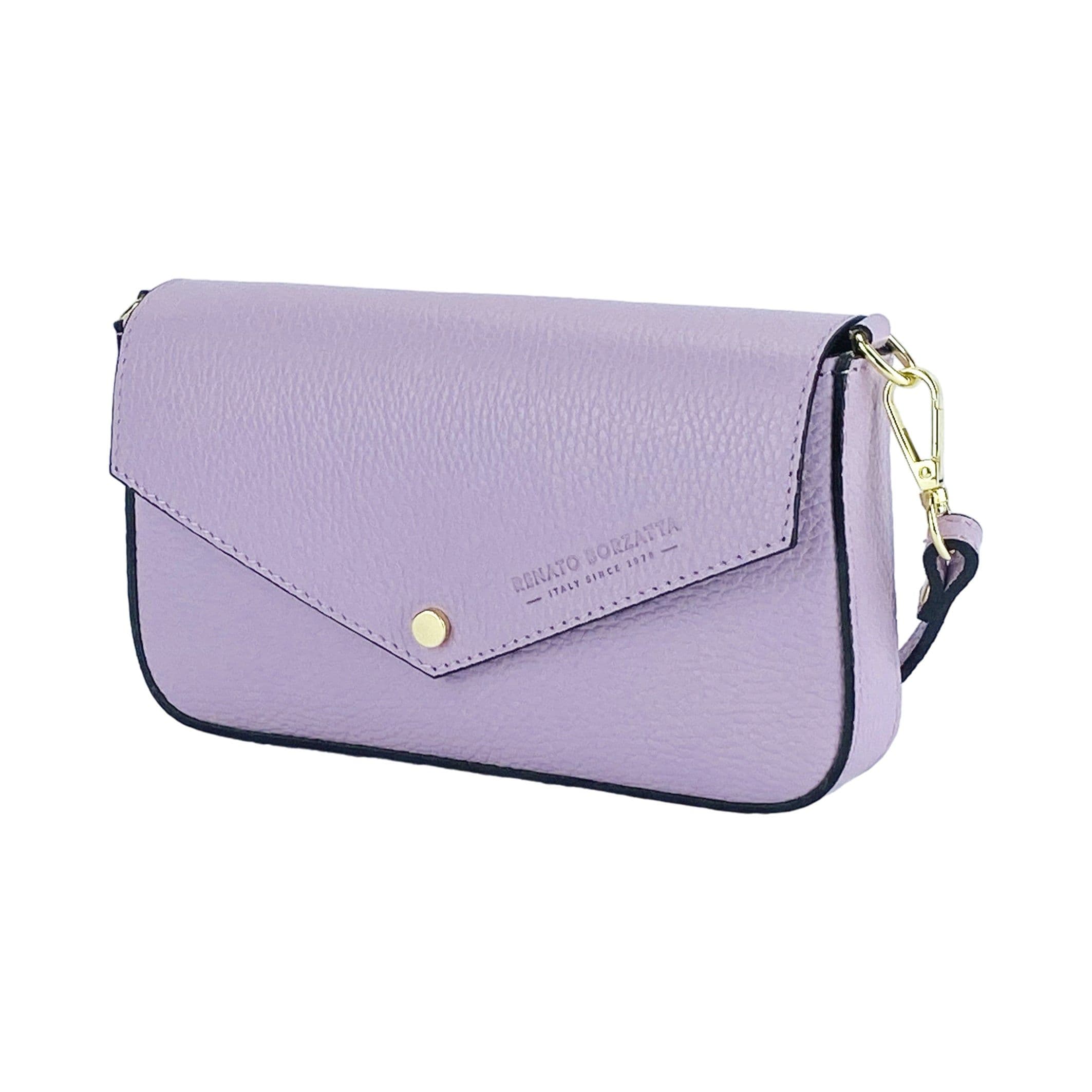 image-RB1023CI | Borsa piccola a Spalla con Tracolla a catena removibile in Vera Pelle Made in Italy. Pattina di Chiusura. Accessori in metallo Oro Lucido - Colore Lilla - Dimensioni: cm 22 x 12 x 3