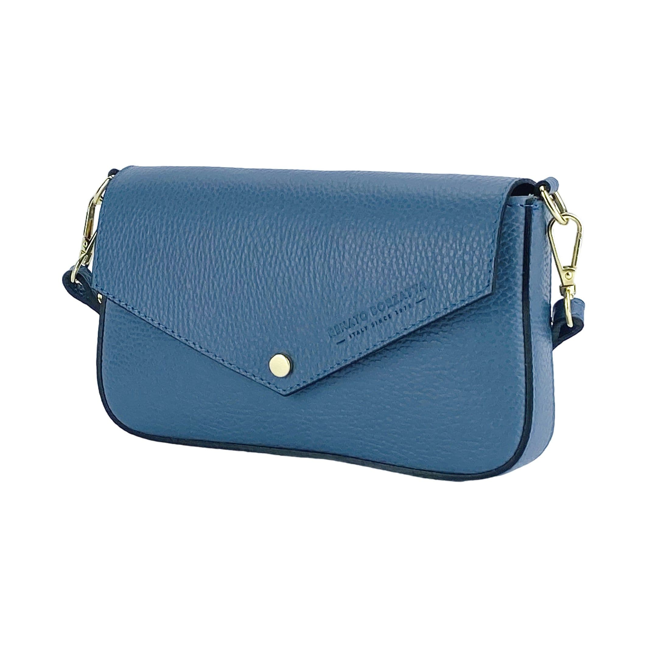 image-RB1023P | Small Shoulder Bag with Removable Chain Shoulder Strap in Genuine Leather Made in Italy. Closing flap. Polished gold metal accessories - Air force blue color - Dimensions: 22 x 12 x 3 cm