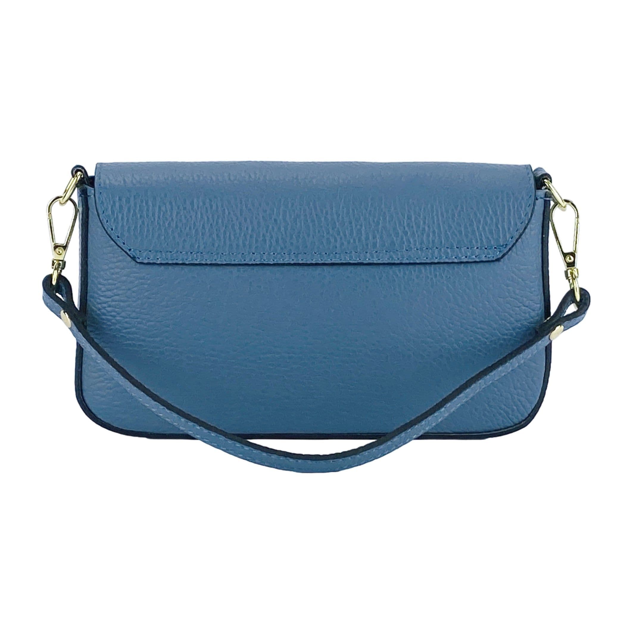 image-RB1023P | Borsa piccola a Spalla con Tracolla a catena removibile in Vera Pelle Made in Italy. Pattina di Chiusura. Accessori in metallo Oro Lucido - Colore Avio - Dimensioni: cm 22 x 12 x 3