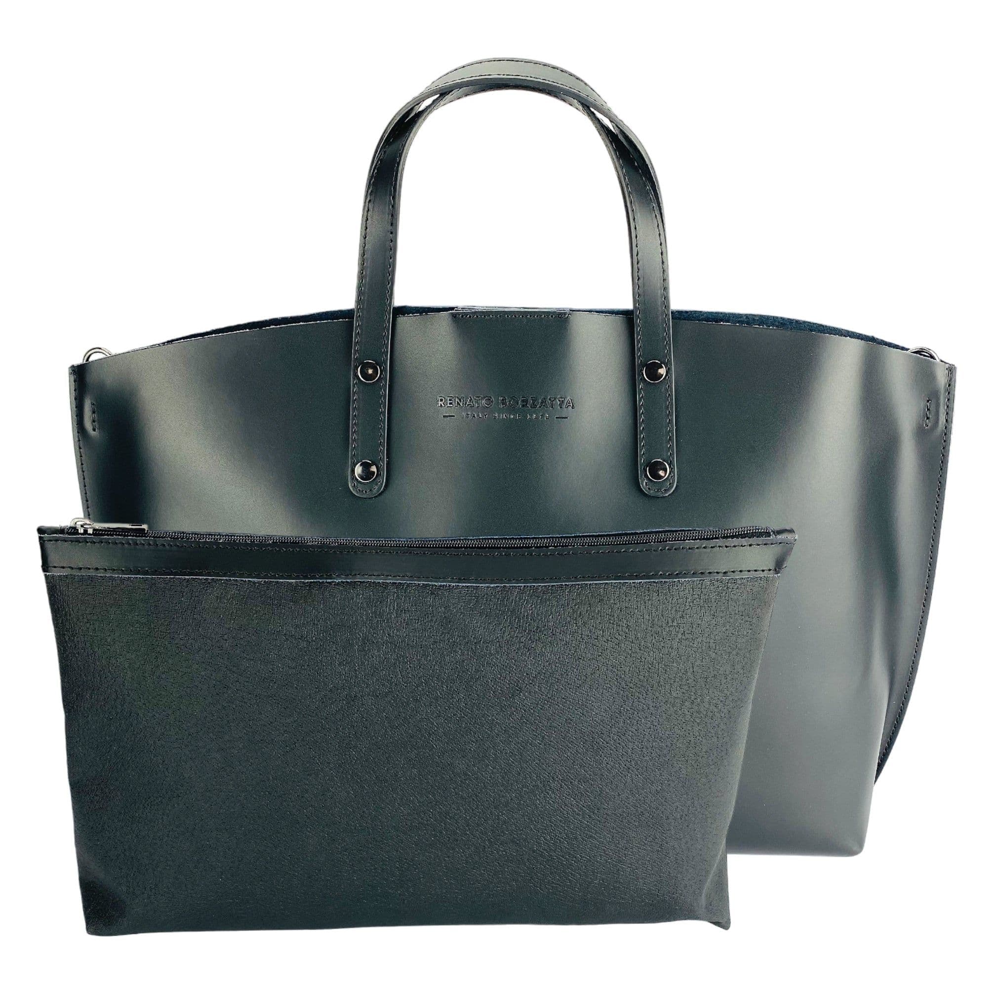 image-RB1024A | Borsa Donna a Mano in Vera Pelle Made in Italy con tracolla removibile. Sacca grande interna estraibile. Accessori Canna di Fucile Lucido - Colore Nero - Dimensioni: cm 48x31x11