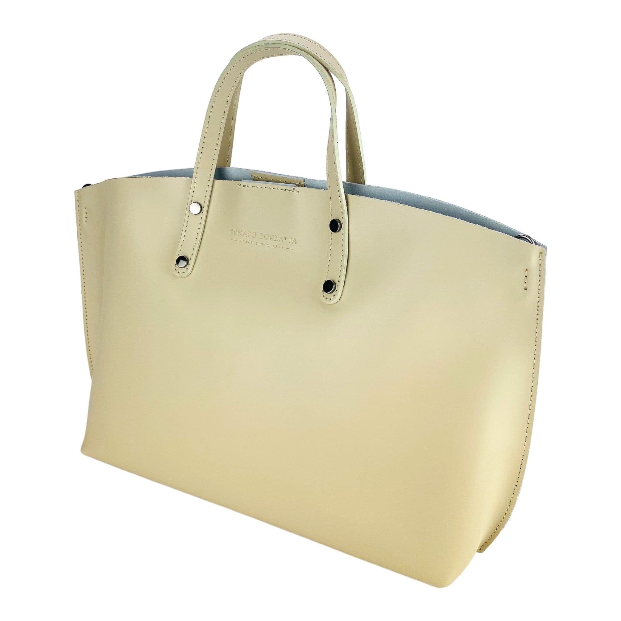 image-RB1024AL | Women's handbag in genuine leather Made in Italy with removable shoulder strap. Large internal removable bag. Polished gunmetal accessories - Beige color - Dimensions: 48x31x11 cm