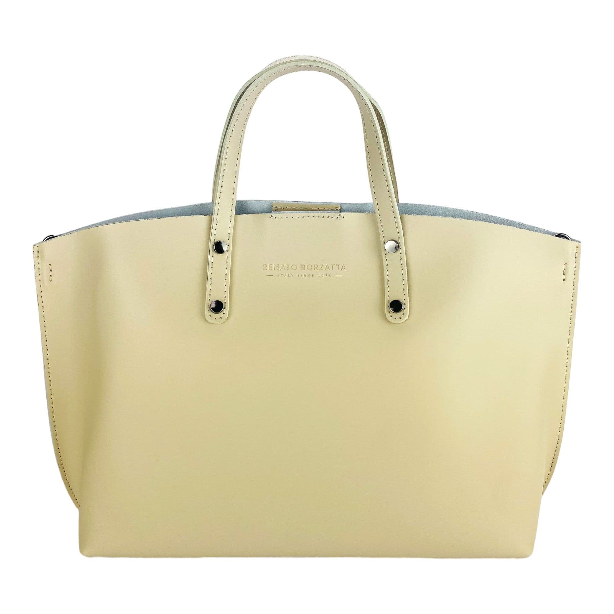 image-RB1024AL | Borsa Donna a Mano in Vera Pelle Made in Italy con tracolla removibile. Sacca grande interna estraibile. Accessori Canna di Fucile Lucido - Colore Beige - Dimensioni: cm 48x31x11