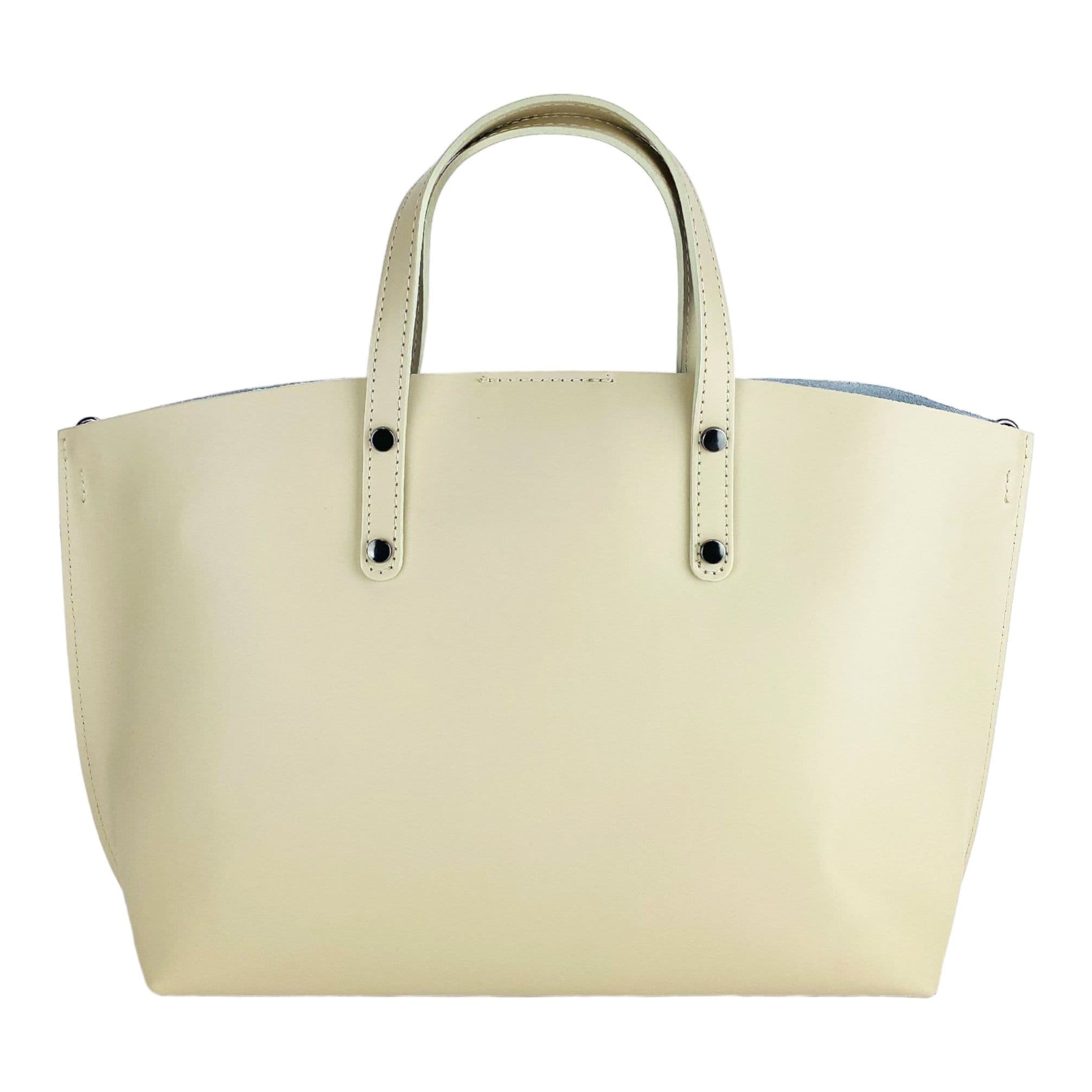 image-RB1024AL | Borsa Donna a Mano in Vera Pelle Made in Italy con tracolla removibile. Sacca grande interna estraibile. Accessori Canna di Fucile Lucido - Colore Beige - Dimensioni: cm 48x31x11