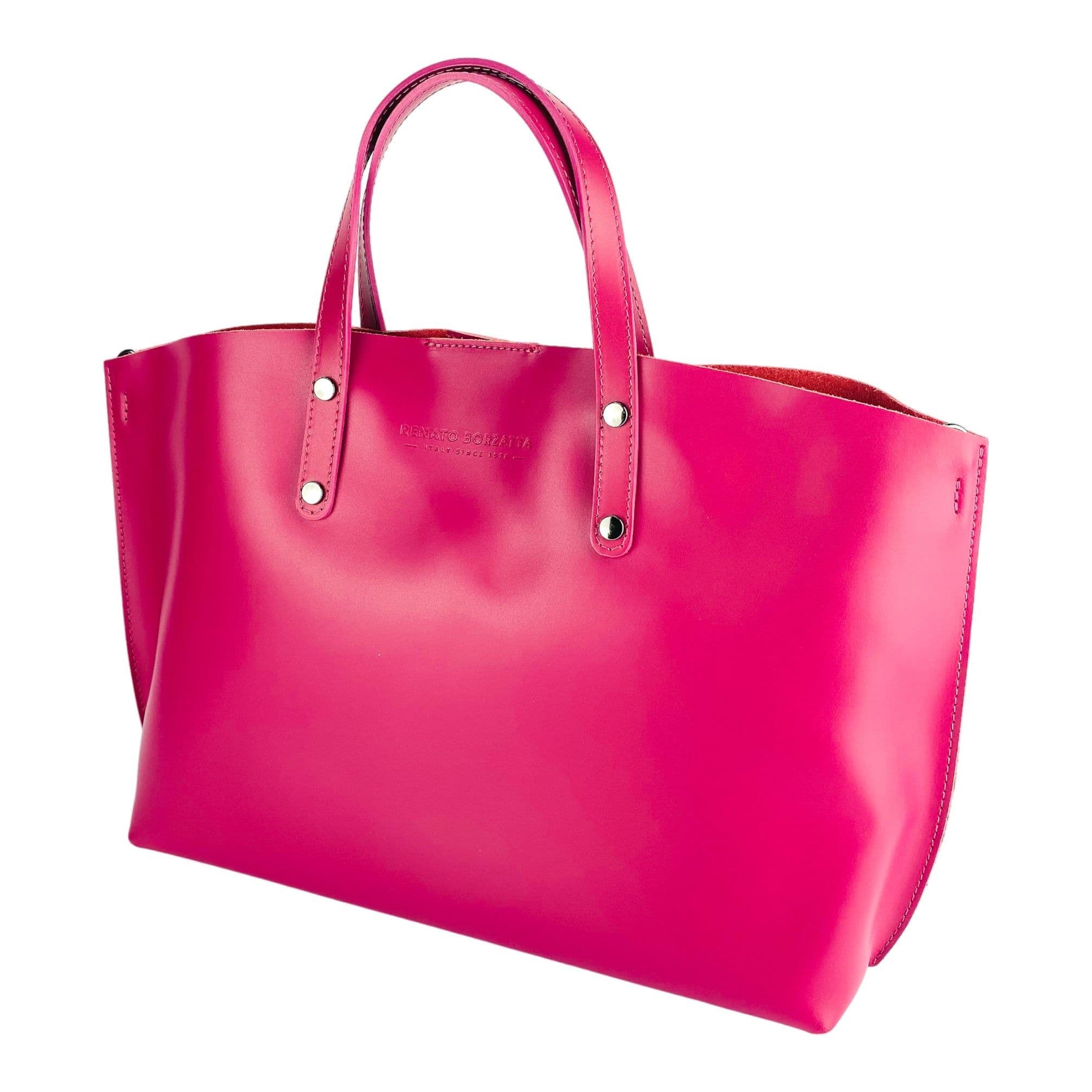 image-RB1024BE | Borsa Donna a Mano in Vera Pelle Made in Italy con tracolla removibile. Sacca grande interna estraibile. Accessori Canna di Fucile Lucido - Colore Fuxia - Dimensioni: cm 48x31x11