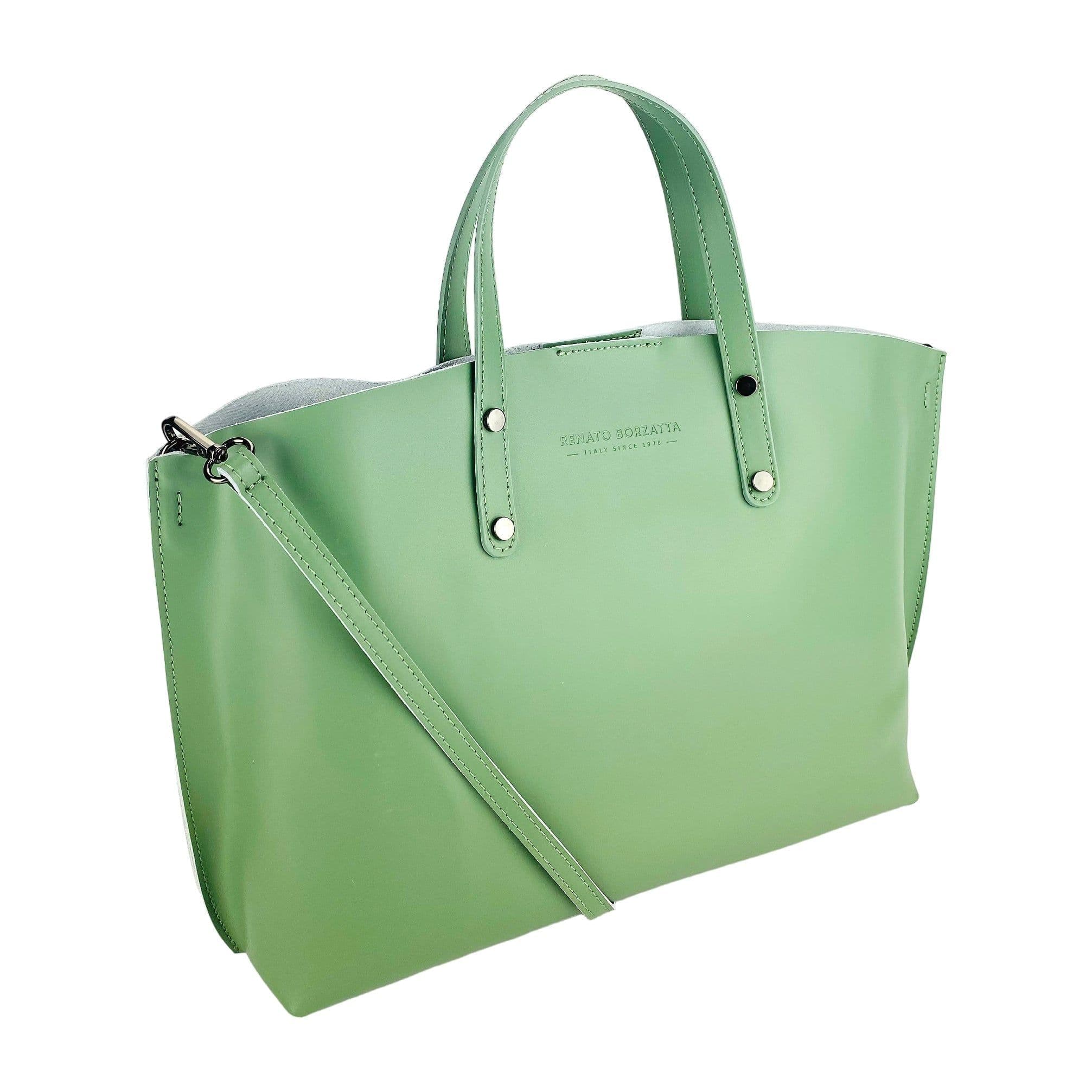 image-RB1024BF | Borsa Donna a Mano in Vera Pelle Made in Italy con tracolla removibile. Sacca grande interna estraibile. Accessori Canna di Fucile Lucido - Colore Menta - Dimensioni: cm 48x31x11