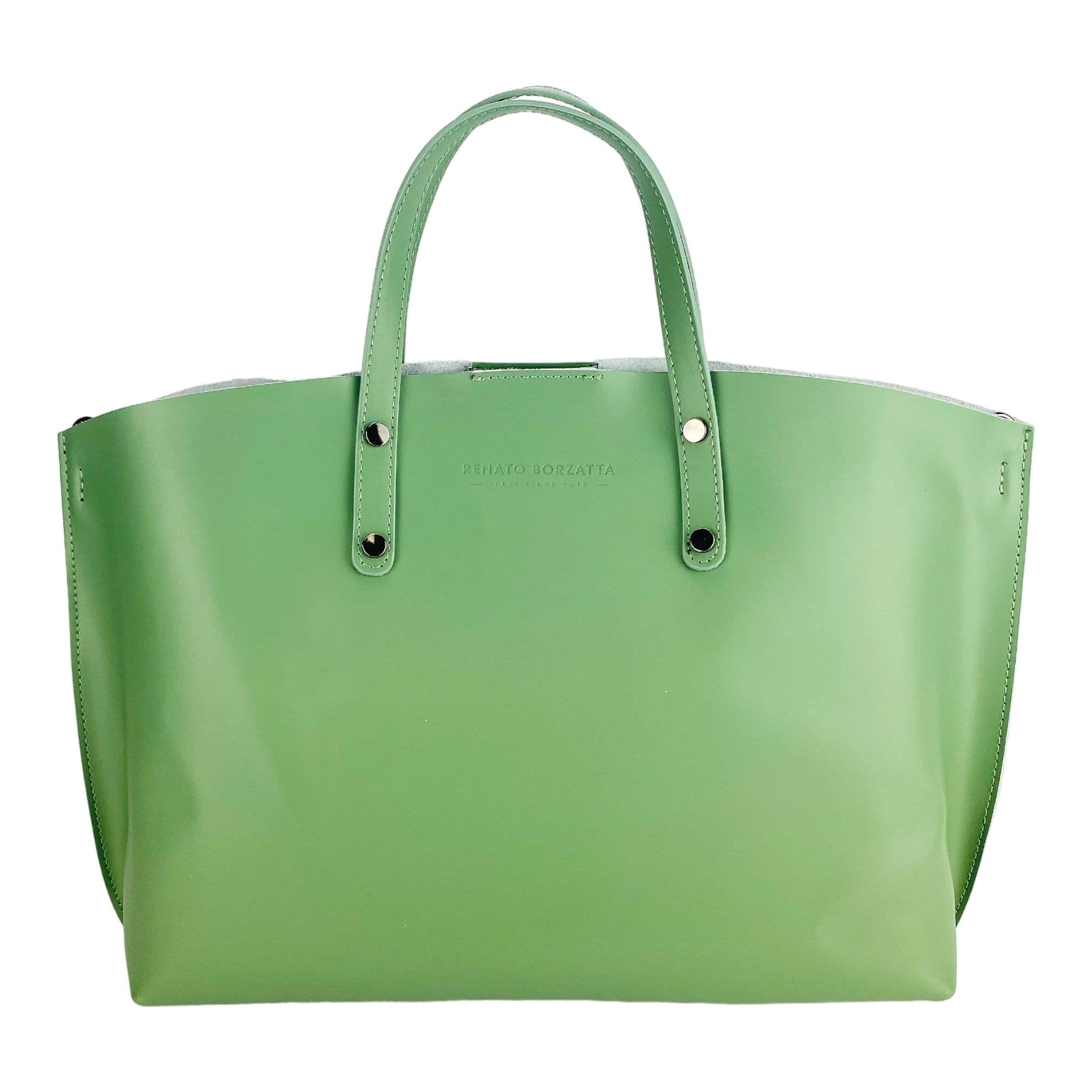 image-RB1024BF | Borsa Donna a Mano in Vera Pelle Made in Italy con tracolla removibile. Sacca grande interna estraibile. Accessori Canna di Fucile Lucido - Colore Menta - Dimensioni: cm 48x31x11