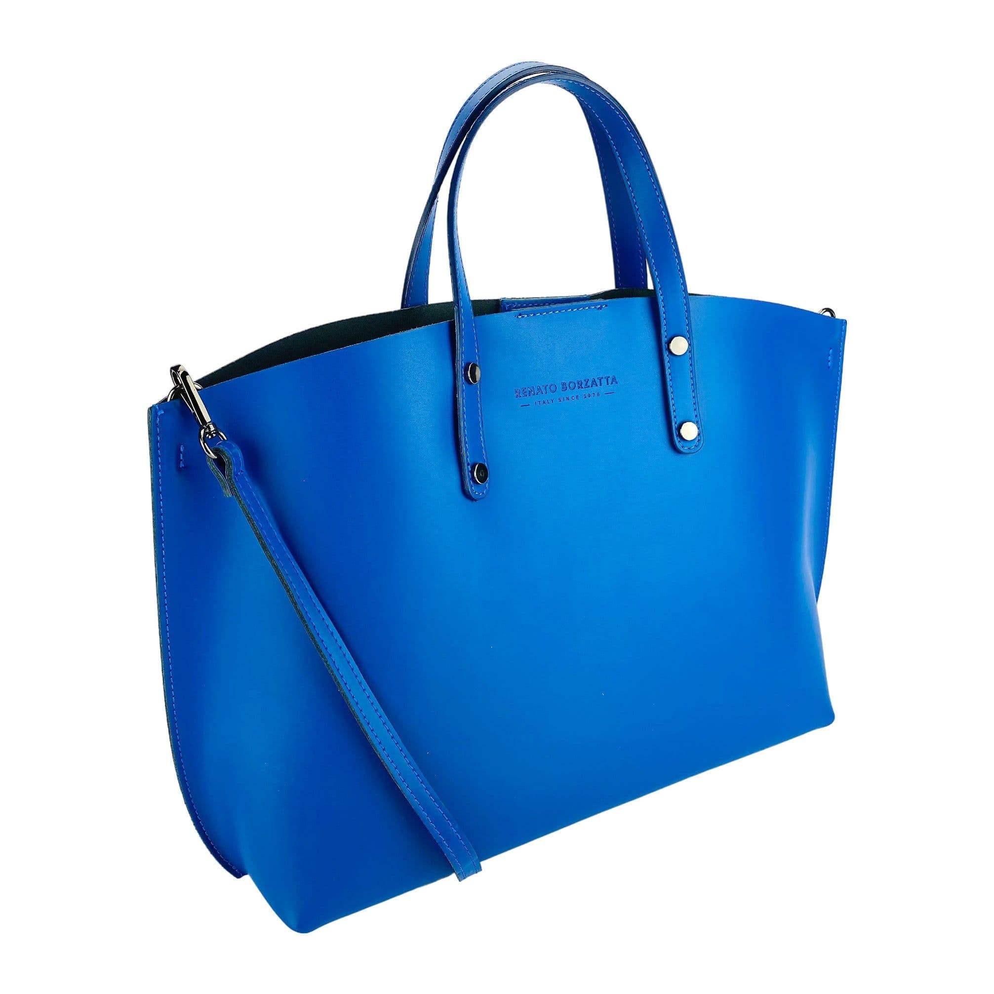 image-RB1024CH | Women's handbag in genuine leather Made in Italy with removable shoulder strap. Large internal removable bag. Polished gunmetal accessories - Royal blue color - Dimensions: 48x31x11 cm