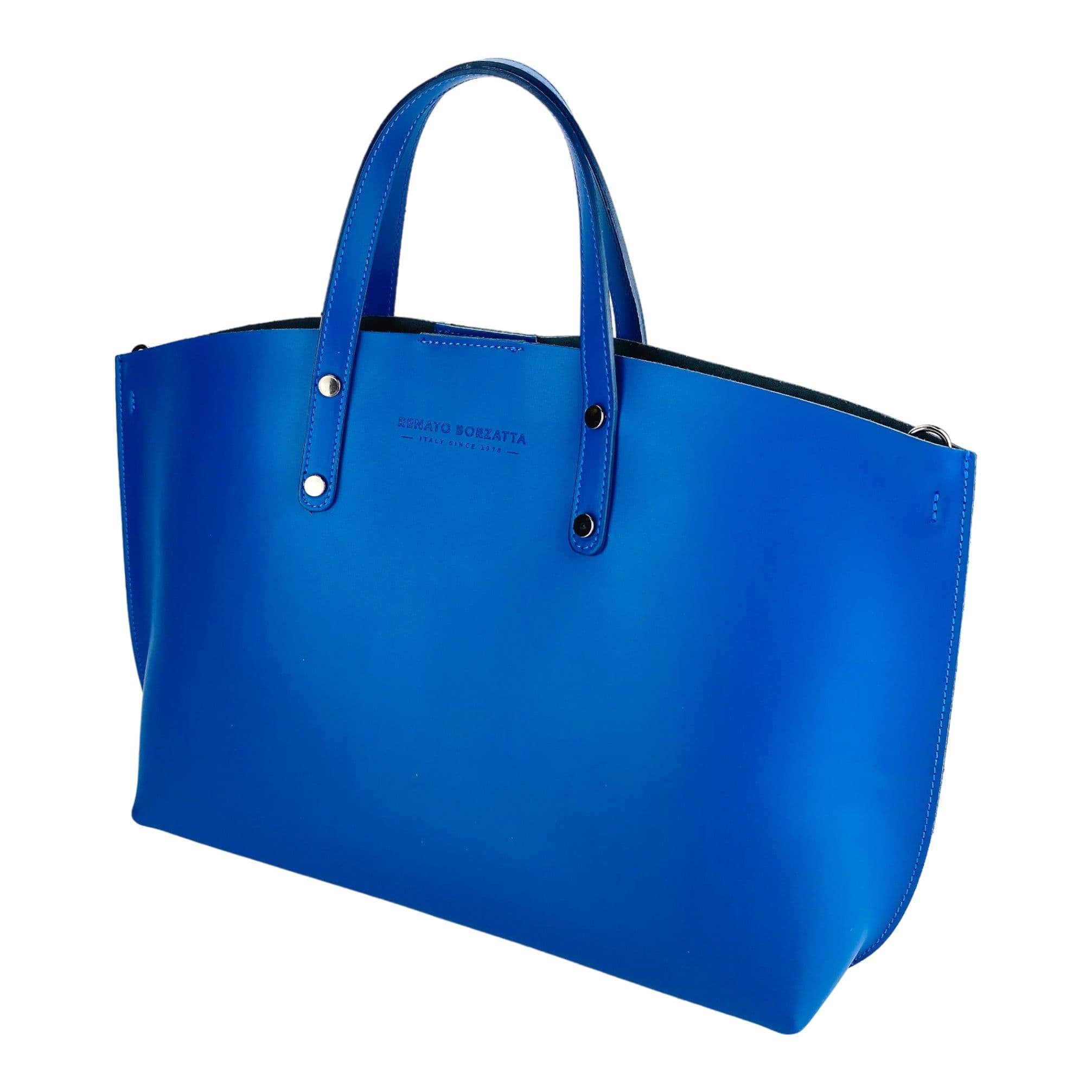 image-RB1024CH | Borsa Donna a Mano in Vera Pelle Made in Italy con tracolla removibile. Sacca grande interna estraibile. Accessori Canna di Fucile Lucido - Colore Blu Royal - Dimensioni: cm 48x31x11