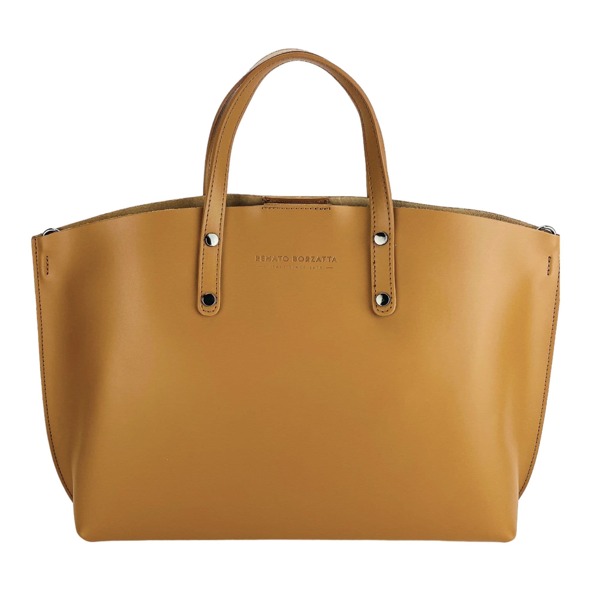 image-RB1024S | Women's handbag in genuine leather Made in Italy with removable shoulder strap. Large internal removable bag. Accessories Polished Gunmetal - Cognac color - Dimensions: 48x31x11 cm