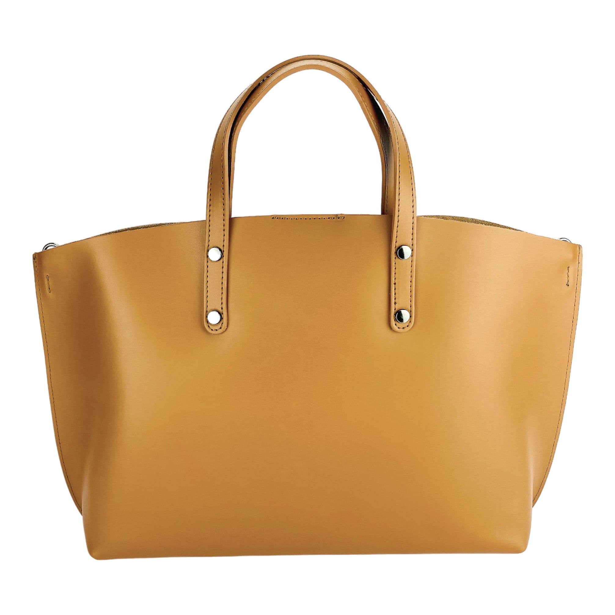 image-RB1024S | Women's handbag in genuine leather Made in Italy with removable shoulder strap. Large internal removable bag. Accessories Polished Gunmetal - Cognac color - Dimensions: 48x31x11 cm