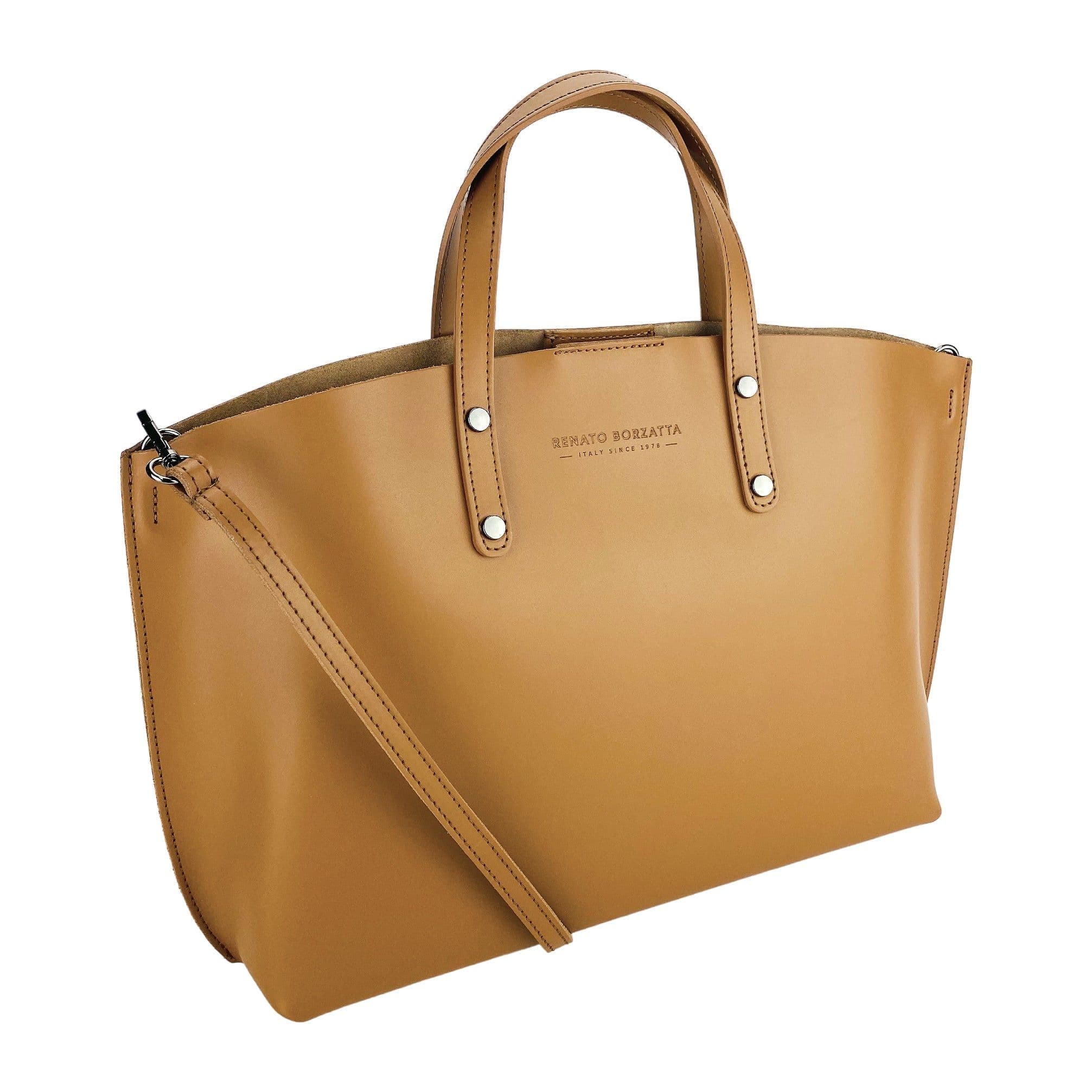 image-RB1024S | Borsa Donna a Mano in Vera Pelle Made in Italy con tracolla removibile. Sacca grande interna estraibile. Accessori Canna di Fucile Lucido - Colore Cognac - Dimensioni: cm 48x31x11