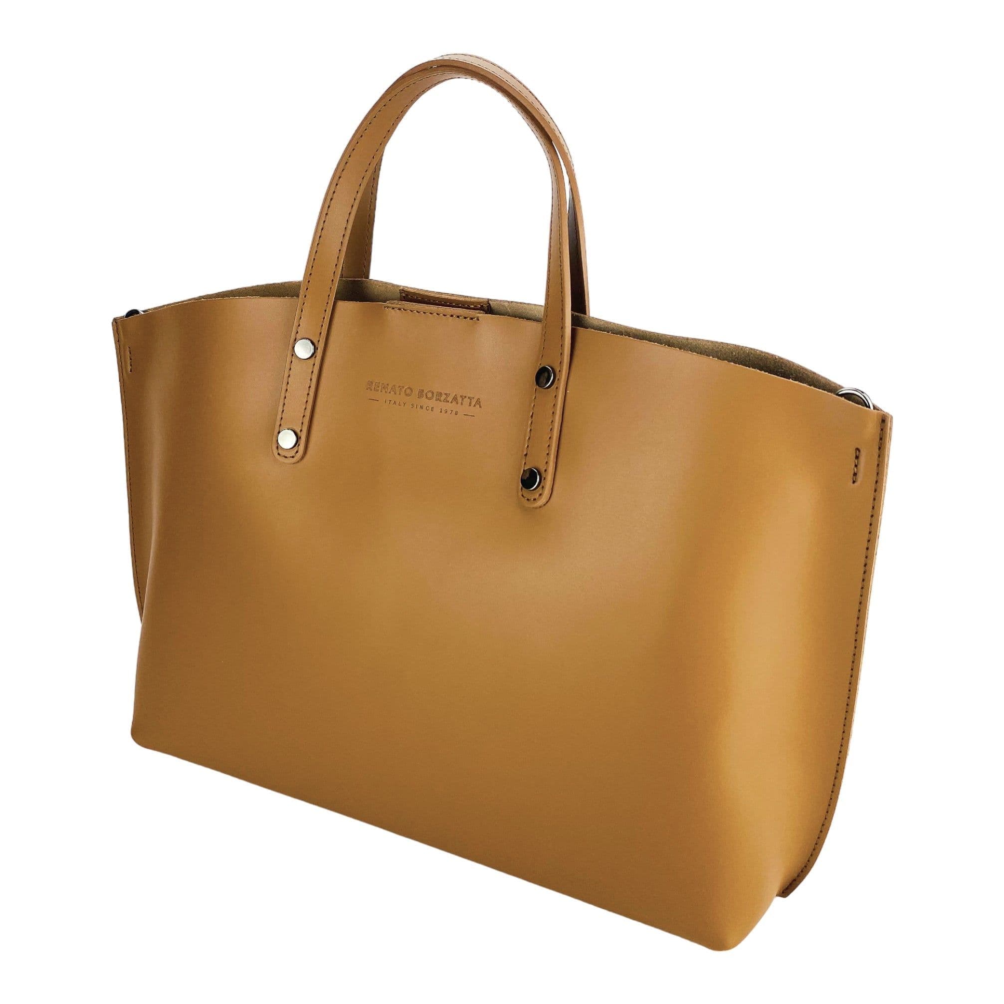 image-RB1024S | Borsa Donna a Mano in Vera Pelle Made in Italy con tracolla removibile. Sacca grande interna estraibile. Accessori Canna di Fucile Lucido - Colore Cognac - Dimensioni: cm 48x31x11